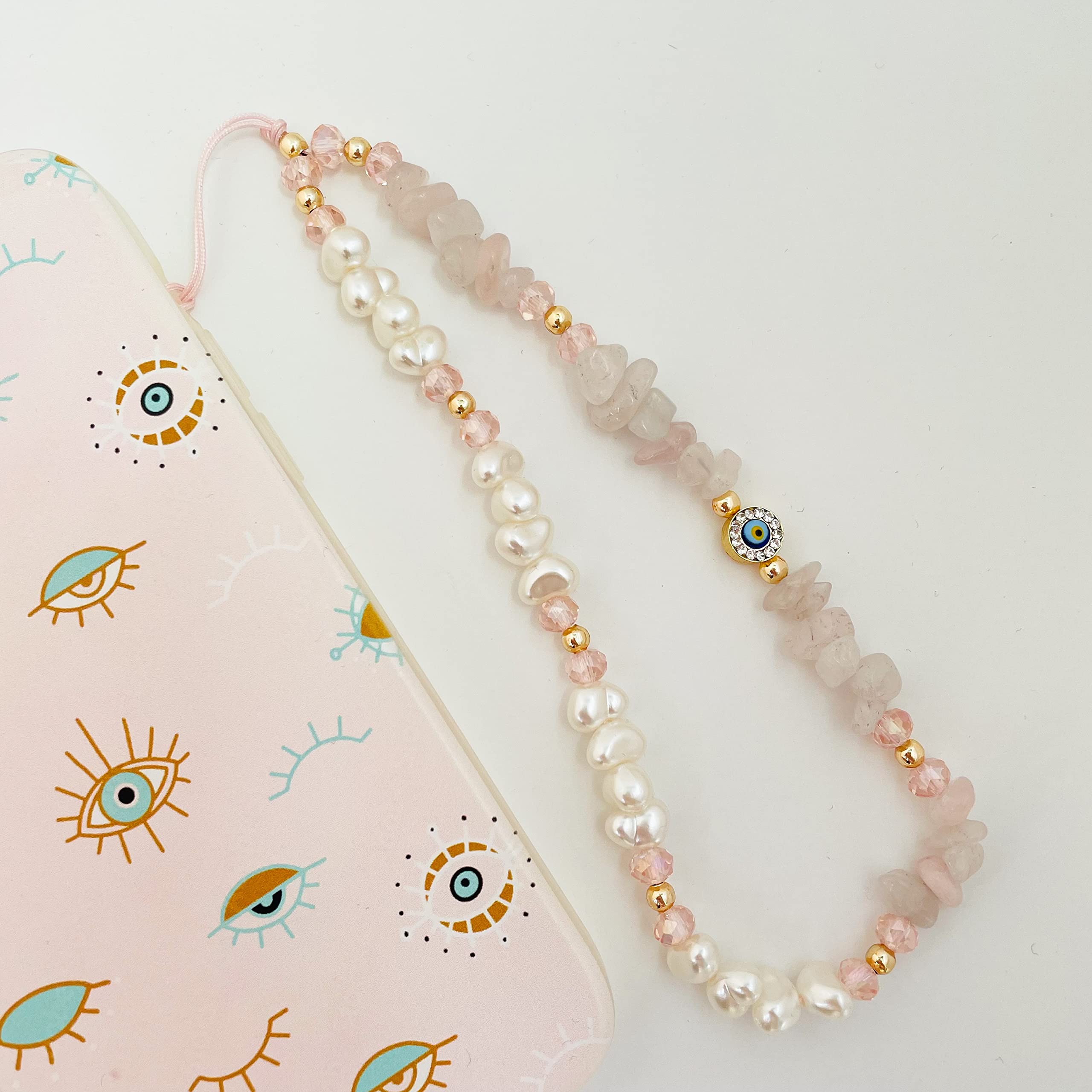 Evil Eye Beaded Phone Charm with Rose Quartz Gemstone, Y2K Chain Strap, Handmade Phone Jewelry for Women & Girls - Perfect for Mobile Phones, Wrist Cases, and Stylish Accessories