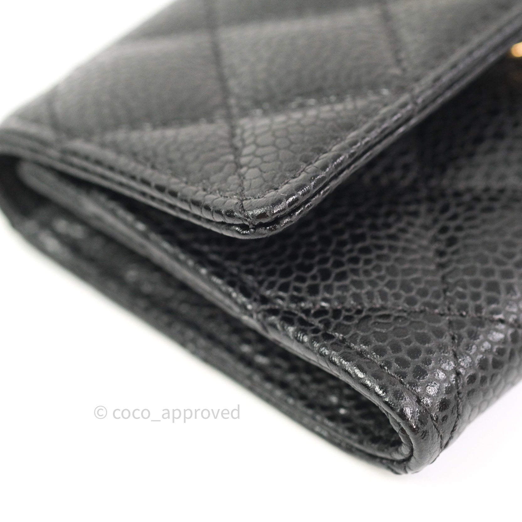 Chanel Black Caviar Leather Card Holder with Gold Snap Button - Compact Wallet for Credit Cards & ID - Perfect for Everyday Use, Travel, and Gifting