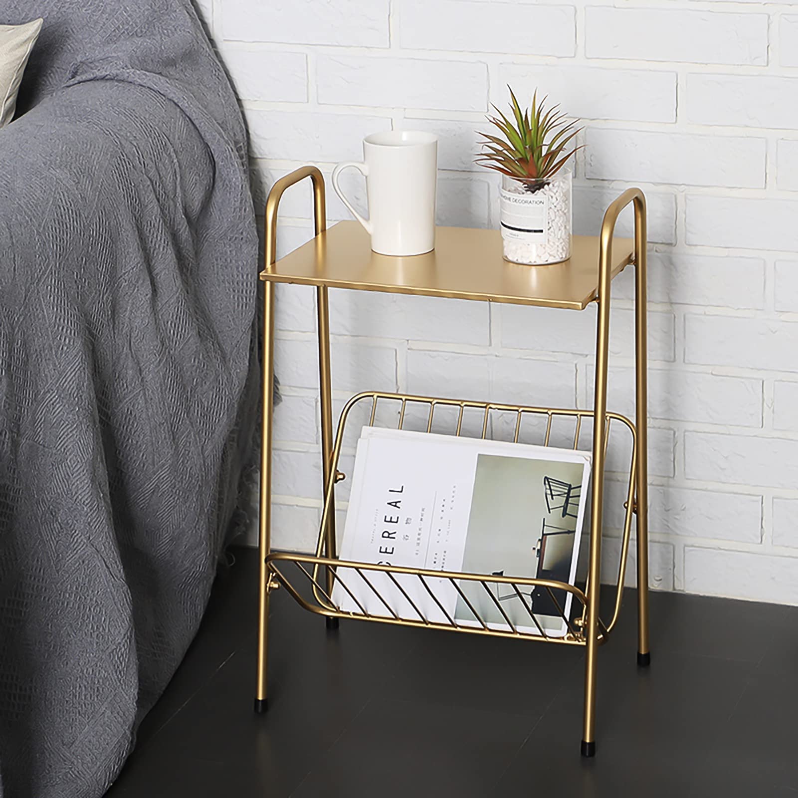 Modern Gold Side Table with Magazine Storage - Multifunctional Metal End Table & Nightstand for Bedroom, Living Room, Small Spaces - Easy Assembly Home Decor Accent Piece for Sofa & Bedside Use