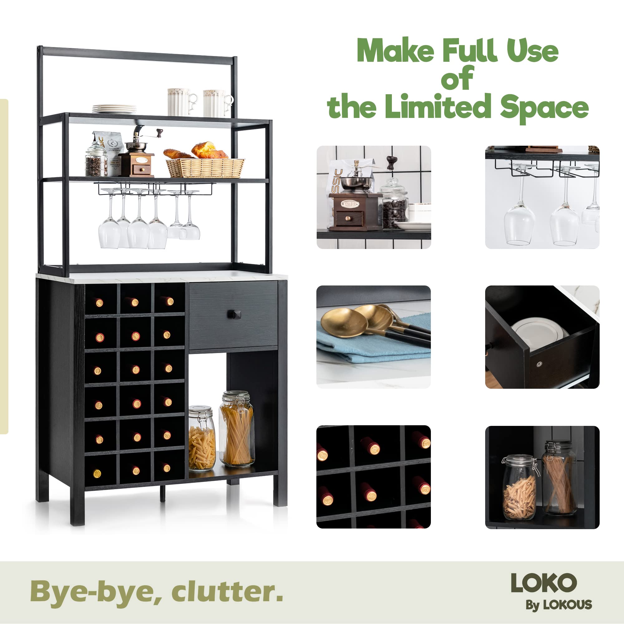 LOKO Bar Cabinet - Wine Storage Cabinet with Detachable Glass Holder & Racks, Kitchen Bakers Rack with Wine Rack, 31