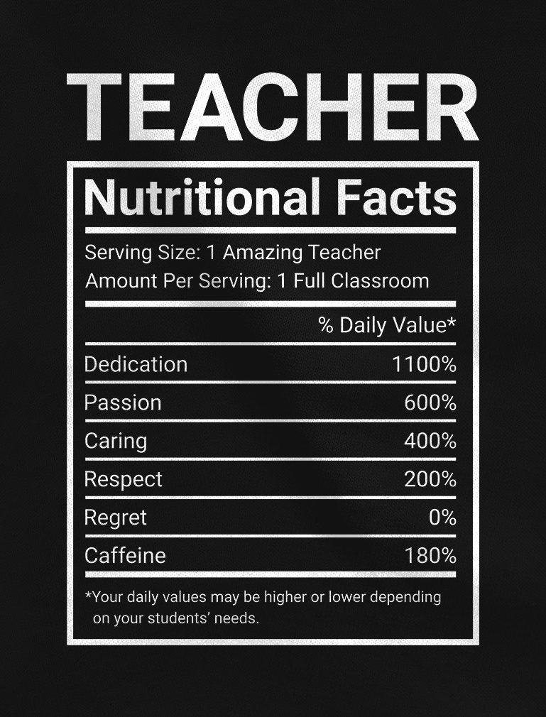 Funny Teacher Nutritional Facts Label T-Shirt - Perfect Gift for Educators - Great for Teacher Appreciation Week & Classroom Humor