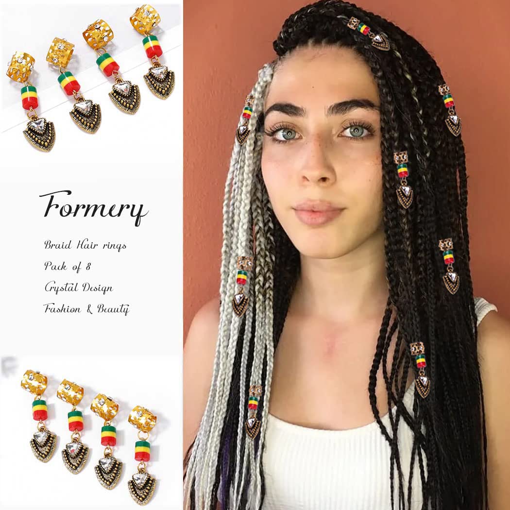 8Pcs Gold Crystal Dreadlock Cuffs - Box Braid Rings & Hair Tube Charms for African American Women | Black Hair Accessories for Protective Styles & Boho Fashion
