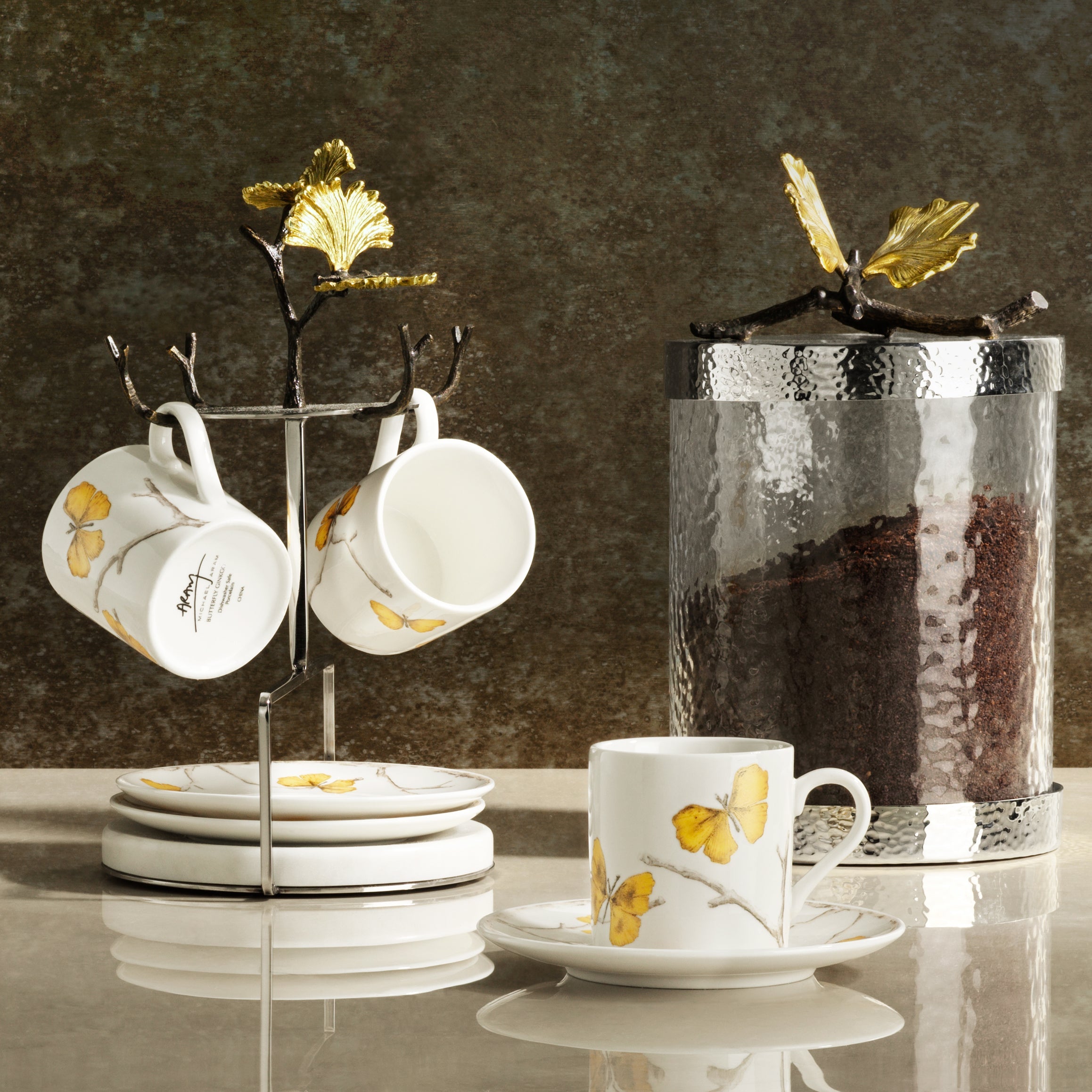 Butterfly Ginkgo Gold Demitasse Set - Elegant Tea Cups for Afternoon Tea & Coffee - Perfect for Home, Office & Gifts
