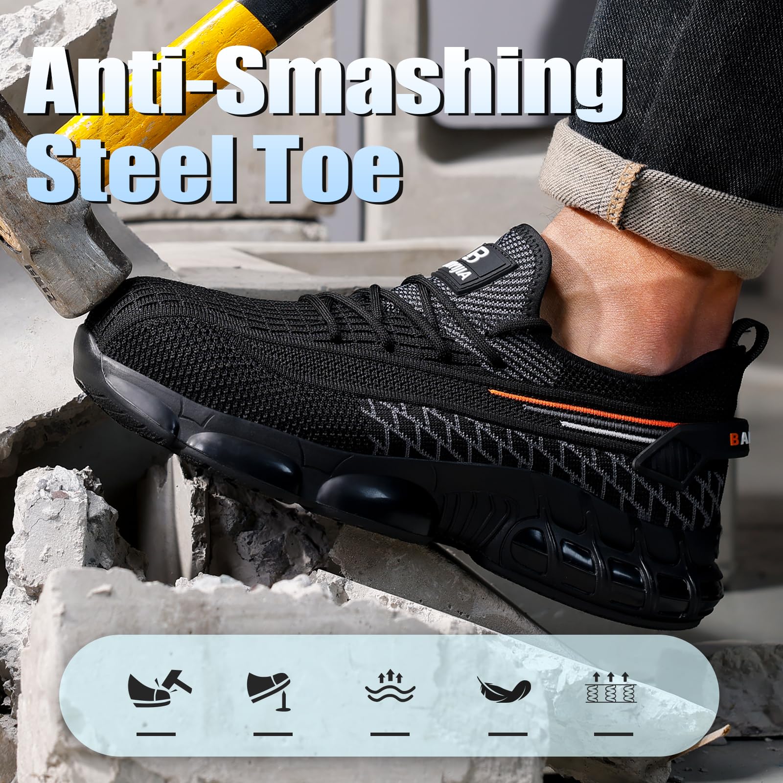 **Men's Lightweight Steel Toe Work Shoes - Construction & Industrial Safety Sneakers for Men & Women - Comfortable Non-Slip Work Shoes for Construction, Warehouse & Outdoor Jobs**