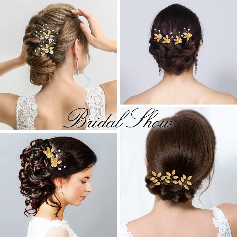 12 Pack Gold Hair Pins with Leaf Flower & Pearls - Elegant Bridal Hair Clips for Weddings, Prom, Parties - Perfect for Brides, Bridesmaids & Flower Girls
