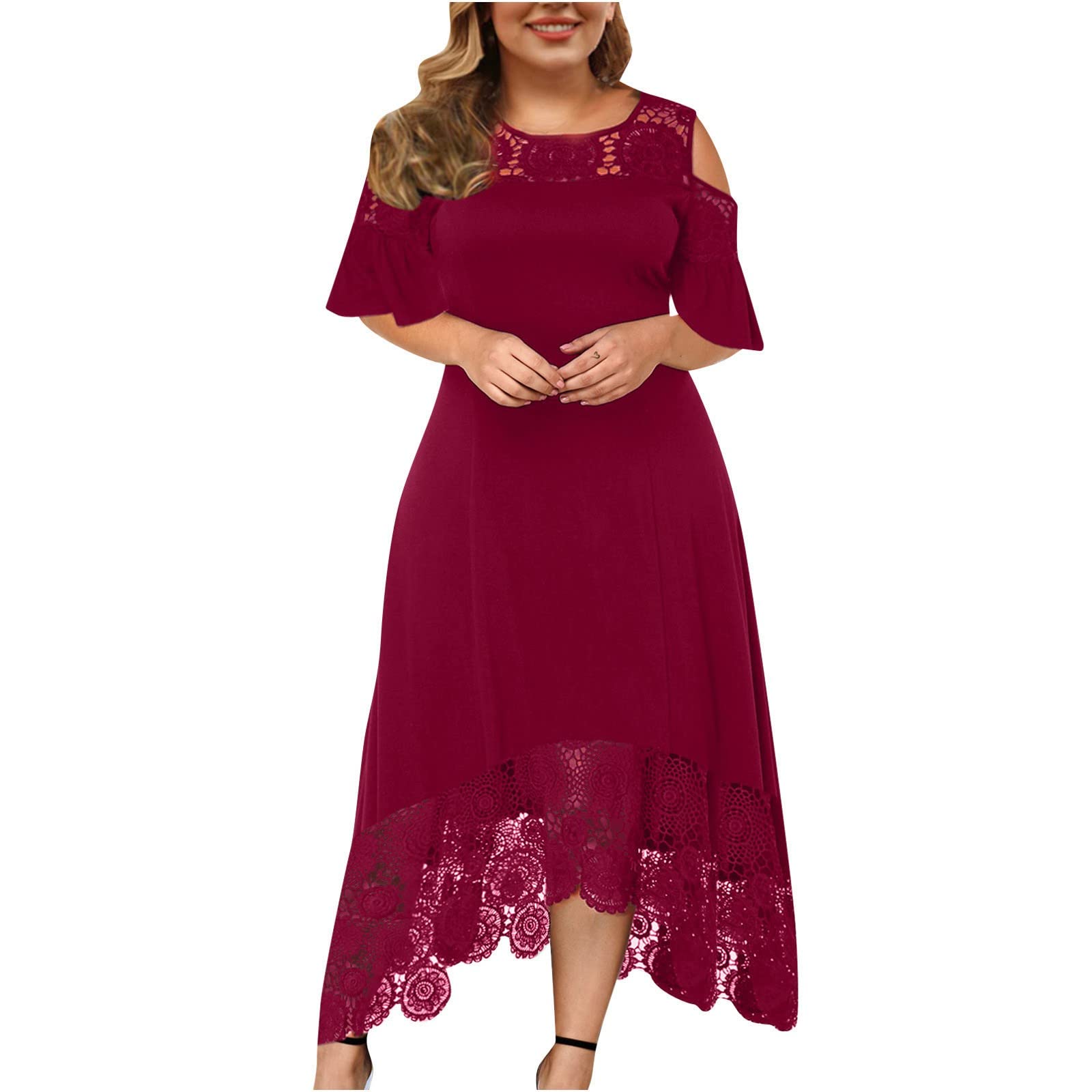 Elegant Plus Size Summer Dress for Women - Cold Shoulder Ruffle Short Sleeve Irregular Hem Beach Casual Dress | Perfect for Vacation, Pool Party & Outdoor Date