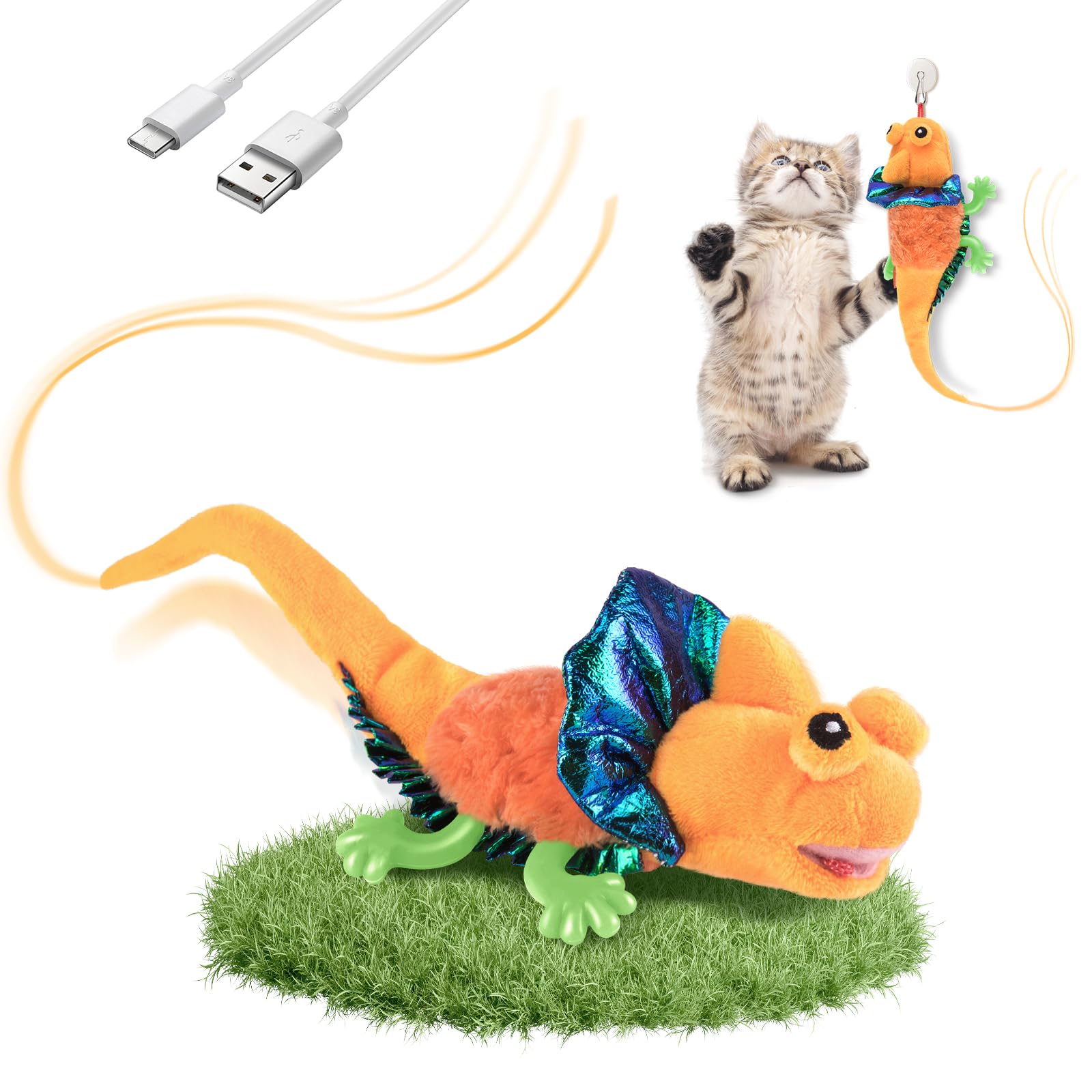 Migipaws Interactive Cat Toys - Touch Activated Flapping & Chirping Lizard Kitten Toy with Catnip | Rechargeable Battery | Perfect for Indoor Cats Play & Exercise (Orange)