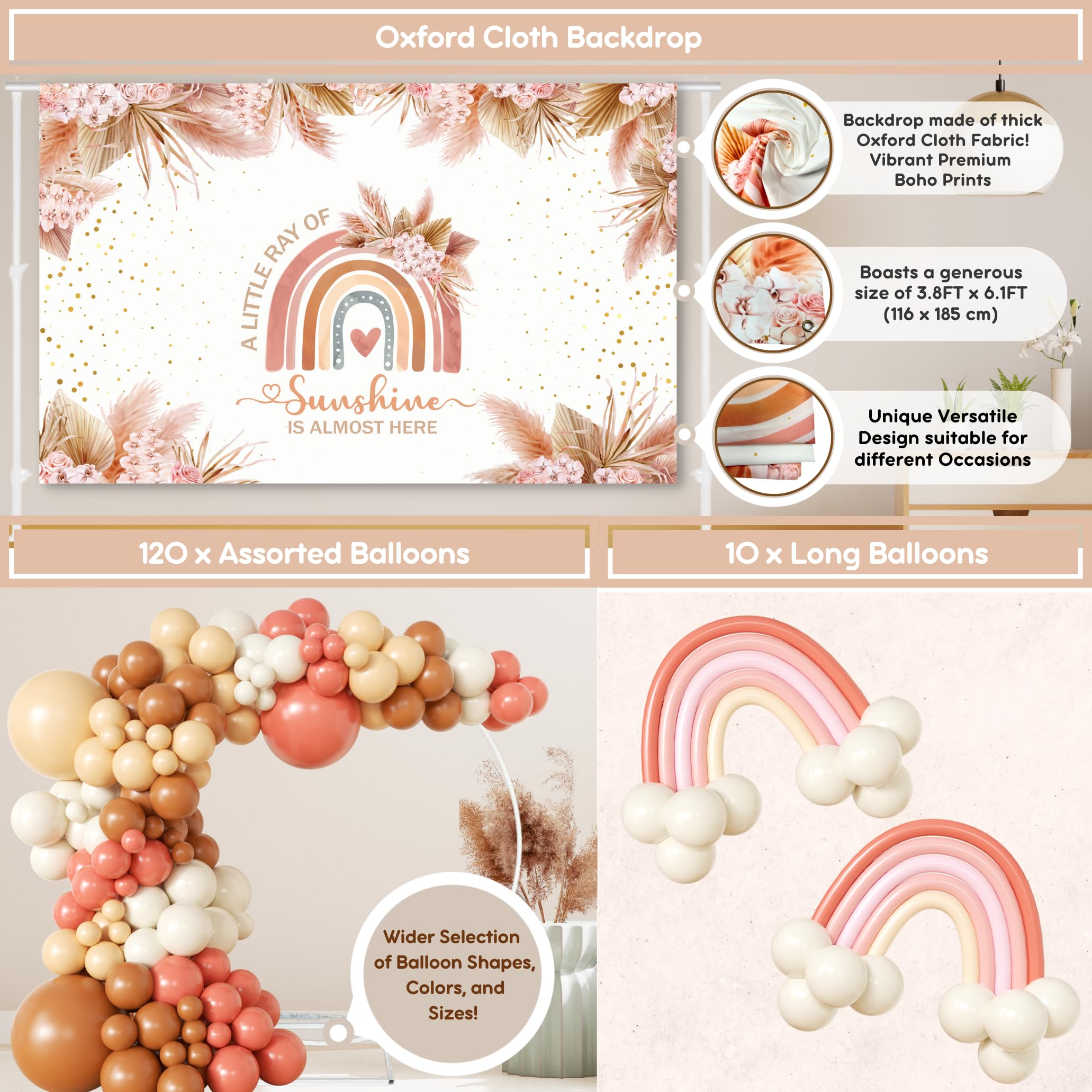 408-Piece Boho Baby Shower Decor Kit for Girls - Rainbow Backdrop, Balloon Arch Garland, Plates, Napkins, Straws, Sash, Cake Toppers, Guestbook & Confetti - Perfect for Boho-Themed Baby Showers, Gender Reveals & Nursery Decorations