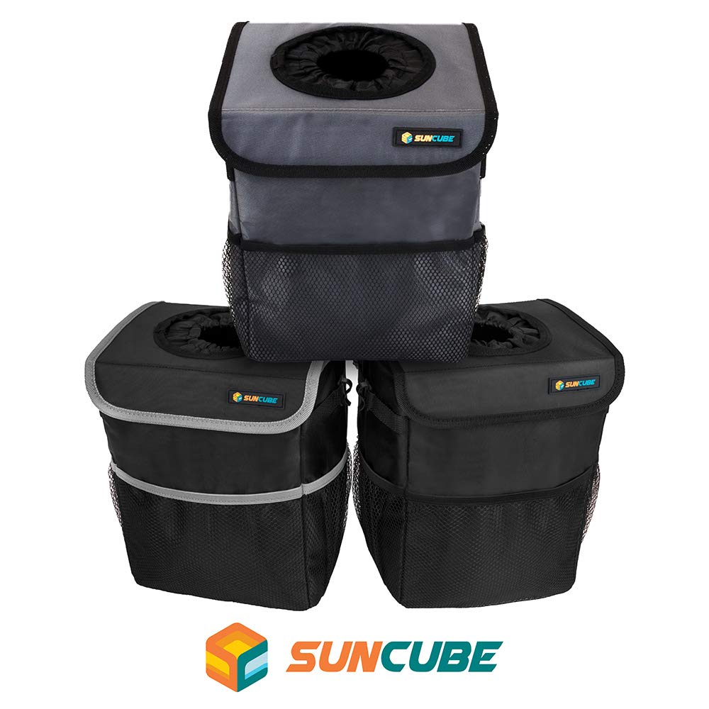 **SUN CUBE Waterproof Car Trash Can with Lid & Mesh Pockets – Leakproof Hanging Auto Garbage Bin for Headrest, Console, Truck – Car Trash Organizer with Garbage Bag Holder (Black) – Perfect for Road Trips, Commuting & Travel**