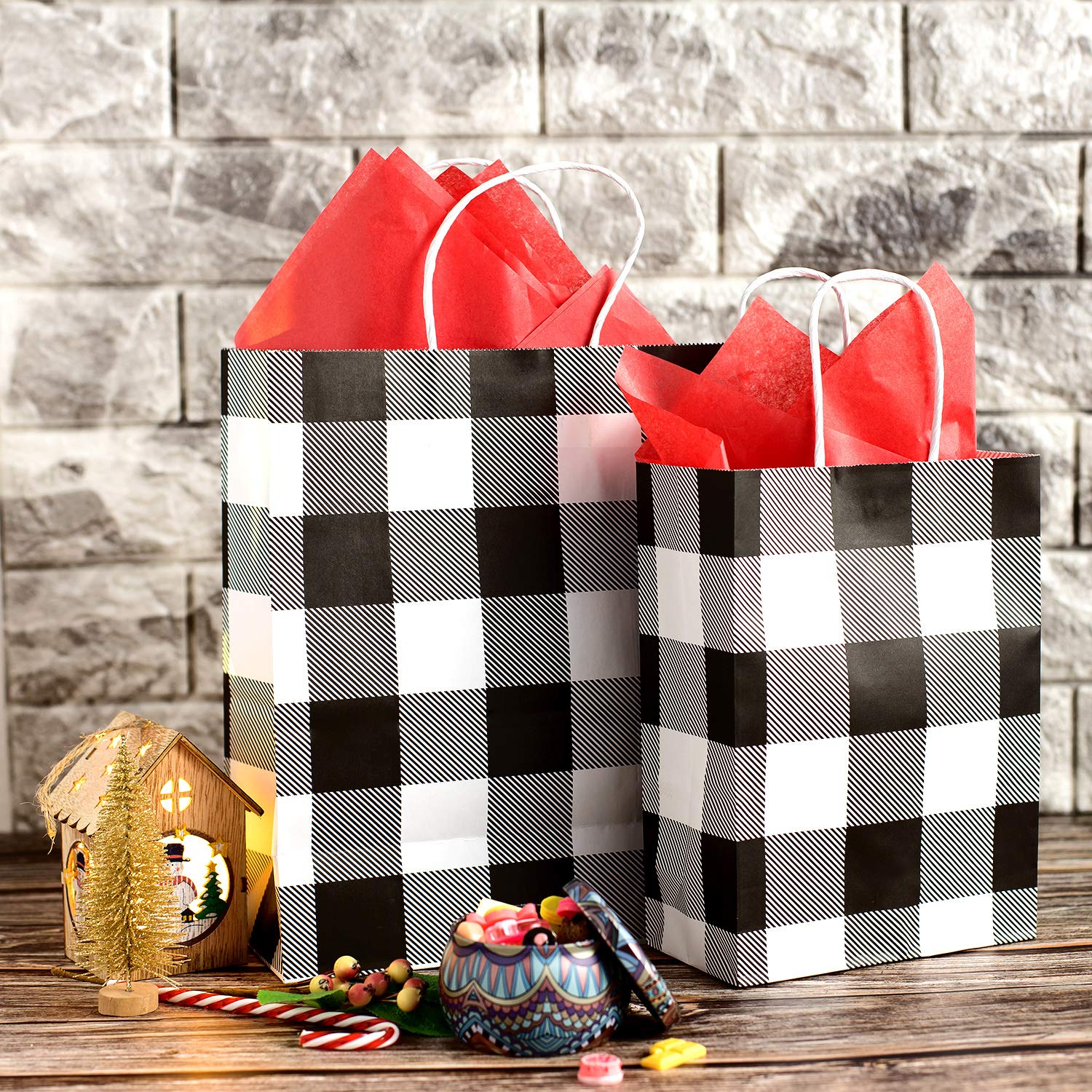24 Pack Christmas Buffalo Plaid Gift Bags with 20x20 Red Tissue Paper - White & Black Kraft Paper Bags for Holiday Party, Wedding, Birthday Gifts - Perfect for Christmas Wrapping, Party Favors and Festive Gift Giving