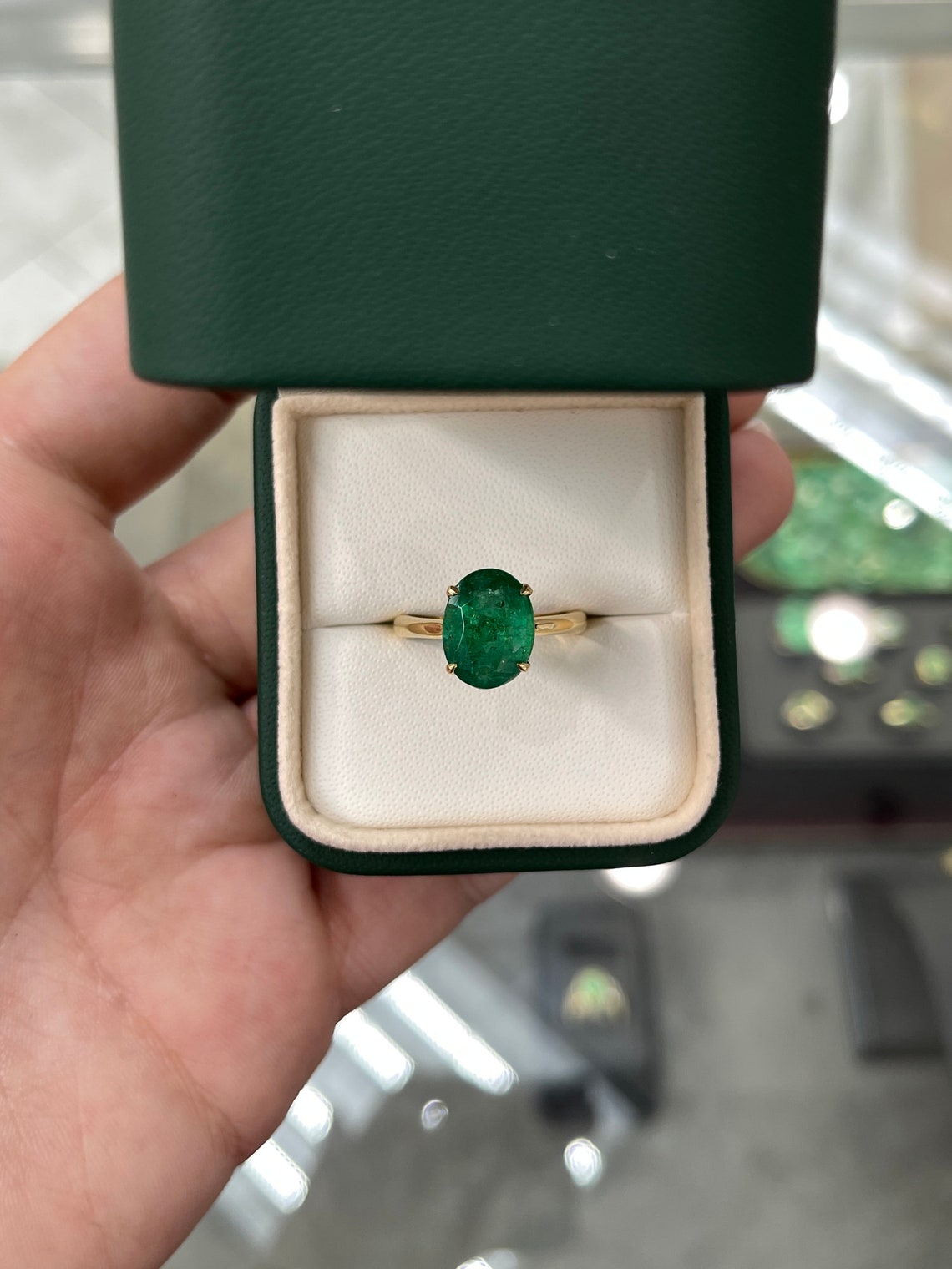3.78ct Natural Dark Green Emerald Oval Cut Solitaire Engagement Ring in 18K Gold - Four Prong Setting for Wedding, Proposal & Anniversary Gifts