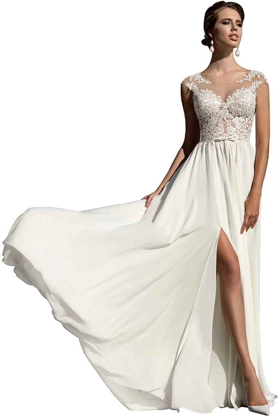 2022 Boho Lace Beach Wedding Dresses for Bride - Long Sleeves, Split Sheer Design with Elegant Train | Perfect for Beach, Garden & Destination Weddings