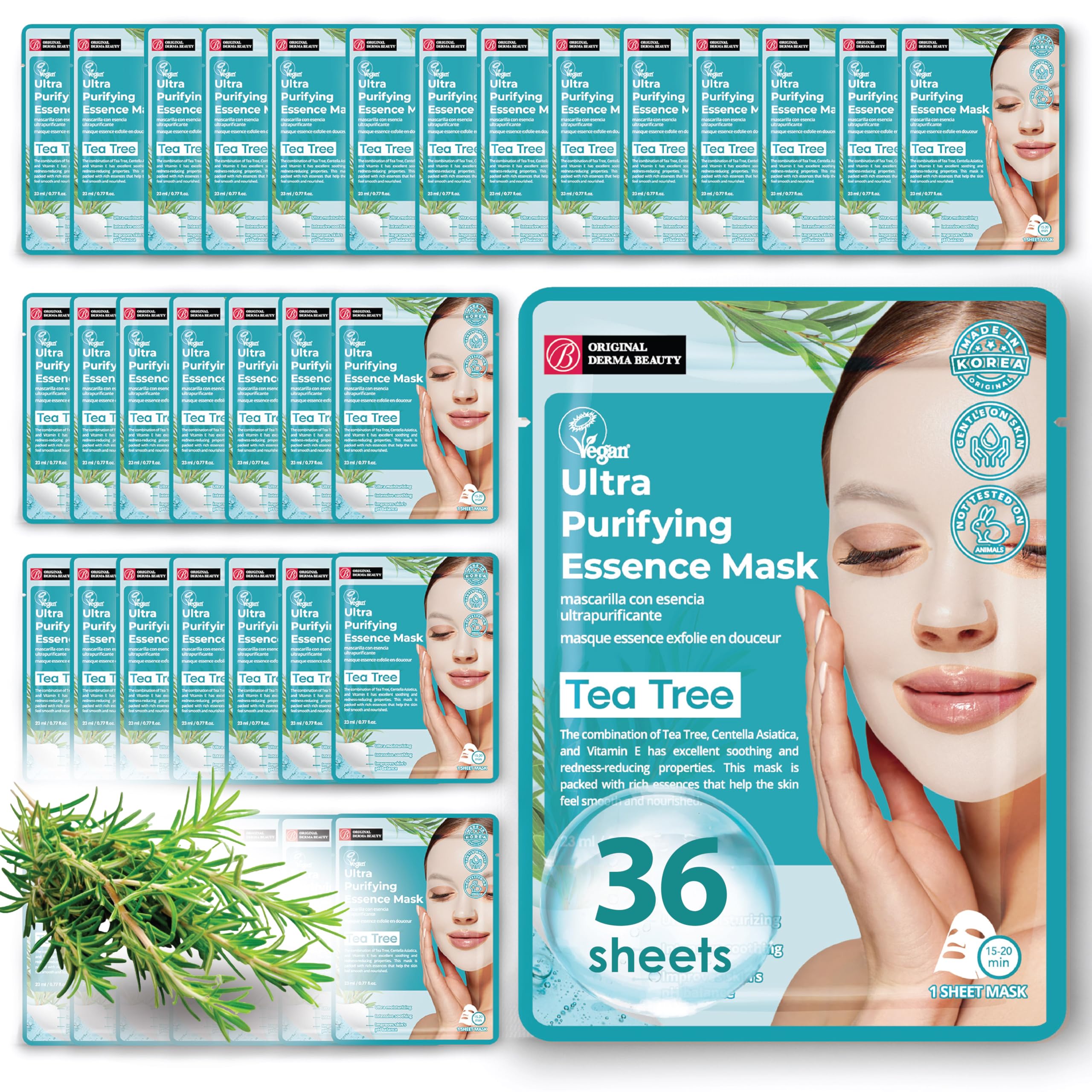 Original Derma Beauty Collagen Face Masks 36 Pack - Vegan Ultra Moisturizing Korean Sheet Masks Set with Tea Tree Extract for Hydration & Skin Care | Perfect for Spa Night, Travel & Daily Skincare Routine