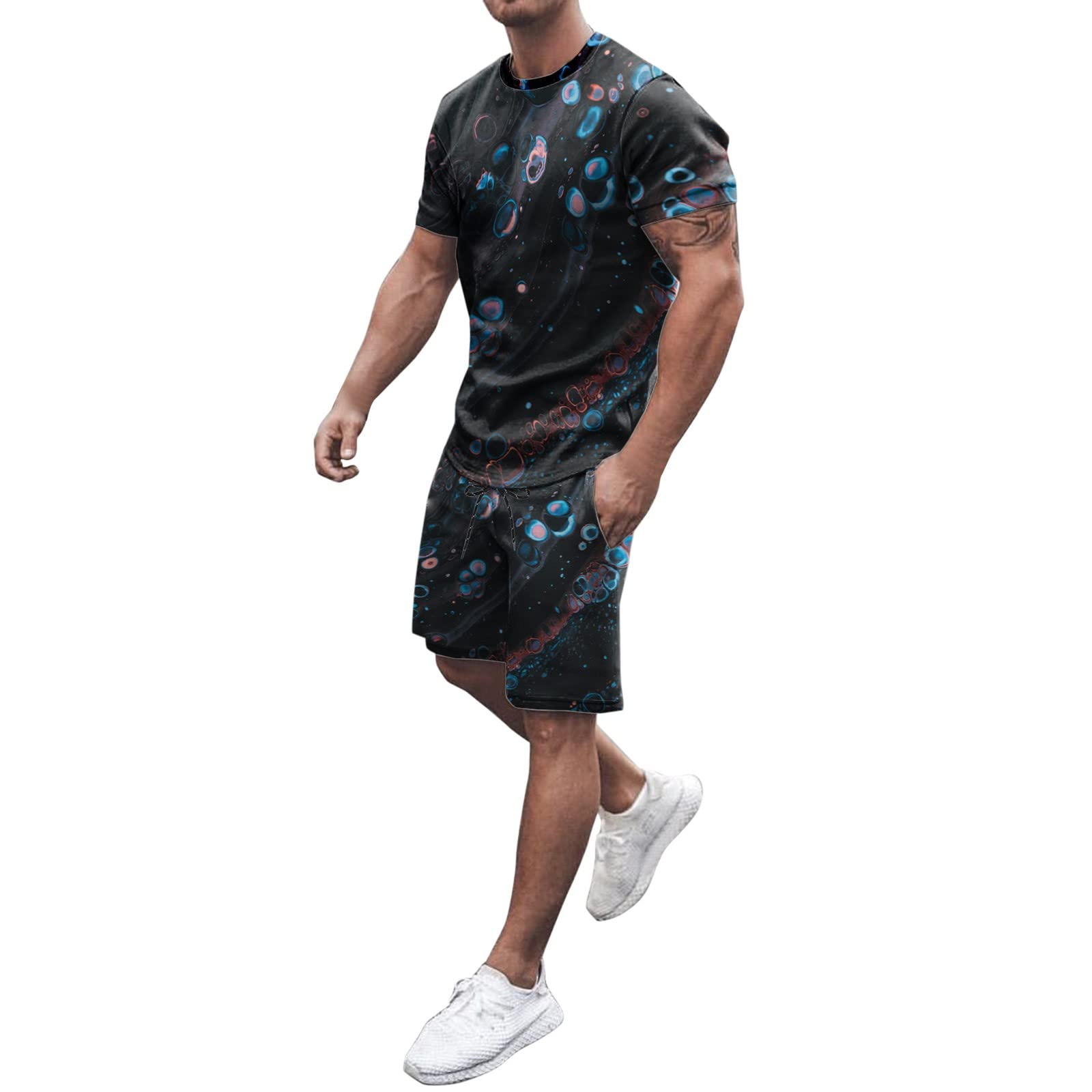 Men's Athletic Tracksuit Set - Summer Casual Sports Outfit with Printed Short Sleeve Henley Shirt & Straight-Fit Pants | Moisture-Wicking DryBlend Fabric for Gym, Vacation & Birthday Gifts | Tall & Mature Fit Clothing
