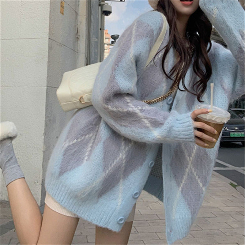 Elegant Diamond V-Neck Sweater Jacket for Women - Loose Fit Long Sleeve Knit Cardigan for Spring & Fall | Perfect for Office Wear, Casual Outings and Layering