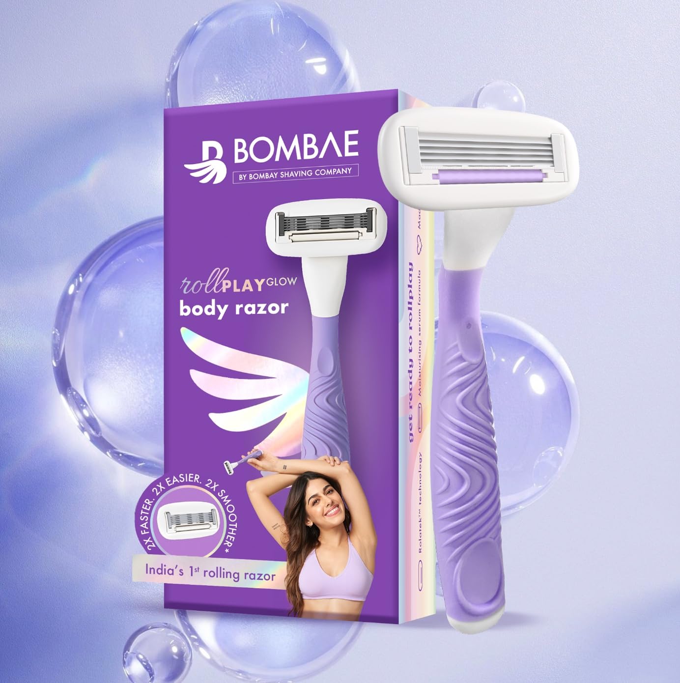 Bombae Rollplay Glow Women's Hair Removal Razor with Aloe Vera, Vitamin E & Jojoba Oil | 1 Razor + 1 Refill | Roller Technology for Smooth Shaving | Curve-Friendly Design | Long-Lasting Results | Perfect for Bikini Line, Legs & Underarms
