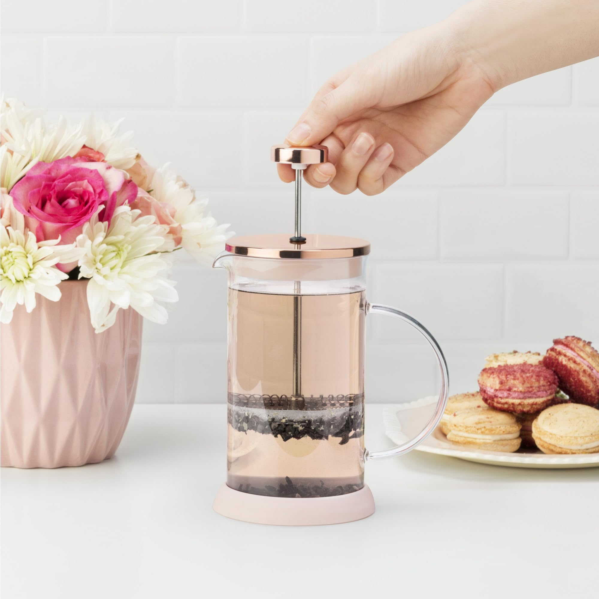 Pinky Up Riley Mini Glass Tea Press Pot - 12 oz French Press Coffee Maker for Loose Leaf Tea & Coffee - Hot & Iced Beverage Brewer in Pink - Perfect for Home, Office & Travel Use