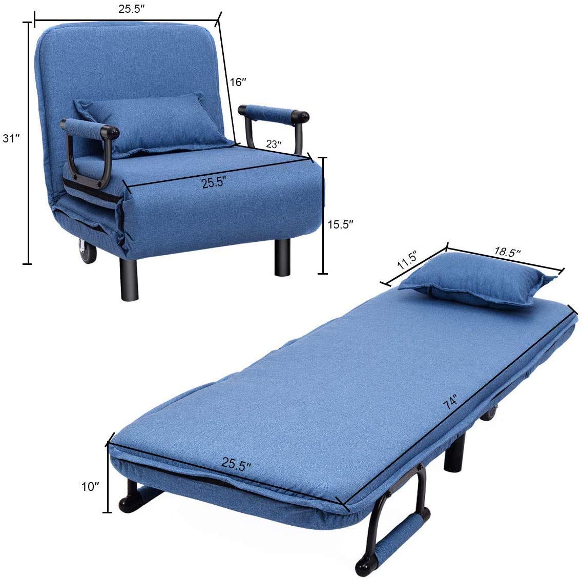 ReunionG Convertible Sleeper Sofa Chair Bed - 5-Position Adjustable Backrest with Pillow, Foldable Arm Lounge Couch for Living Room, Bedroom & Home Office | Perfect for Small Spaces, Guest Sleeping & Relaxing (Blue)