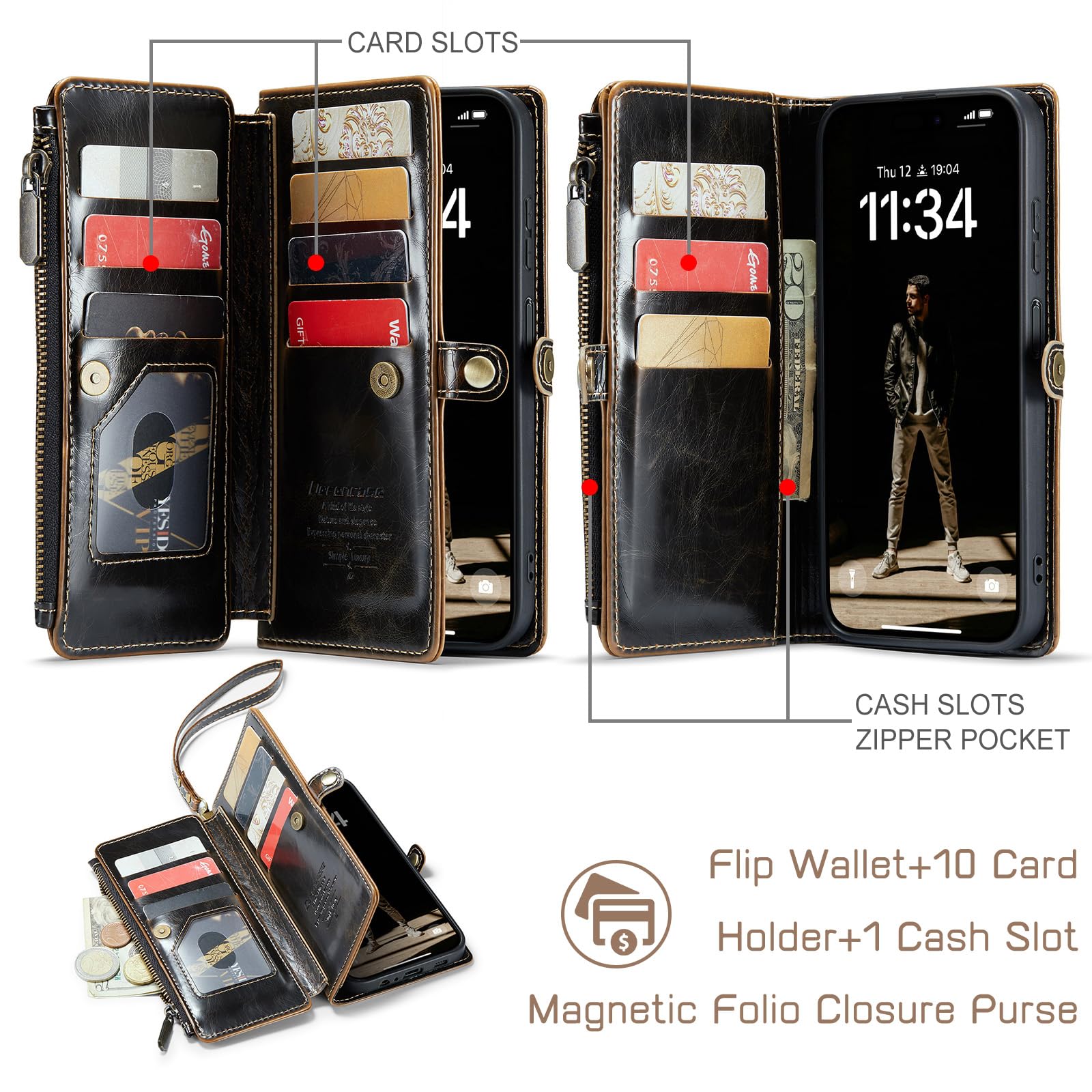 Defencase RFID Blocking Wallet Case for Motorola Moto G Stylus 5G 2023 - Premium PU Leather Magnetic Flip Cover with Card Holder & Zipper Pocket - Perfect for Everyday Use, Travel & Commuting (Coffee)