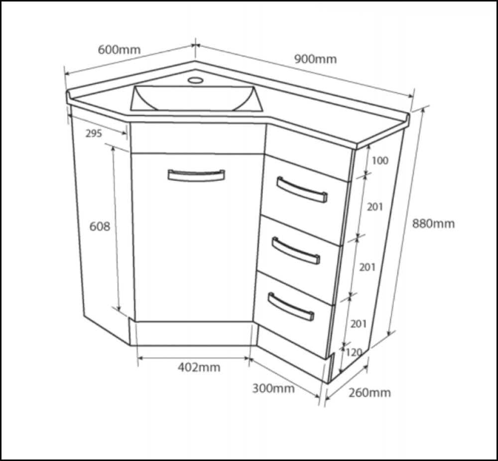 Fienza PC6090 600x900mm White Corner Vanity Unit with Sink - Perfect for Small Bathrooms & Space-Saving Designs