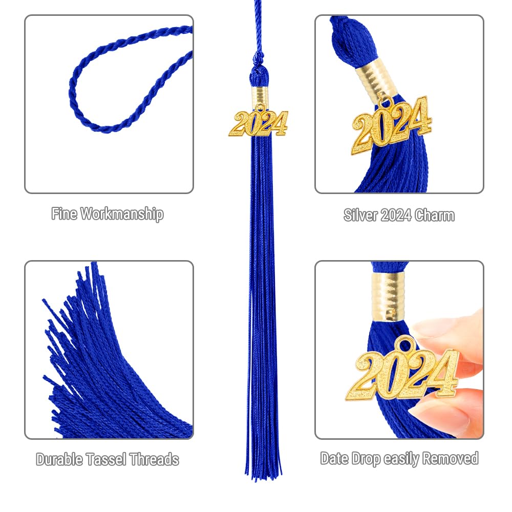 2024 Graduation Tassel Set - 2 Pack Gold Charm Tassels for Graduation Caps & Hats - Class of 2024 Commencement Accessories in Blue - Perfect for High School & College Graduation Ceremonies, Photo Props & Party Decorations