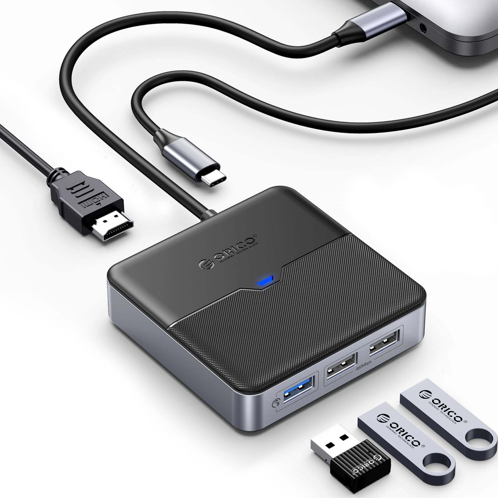 ORICO USB C Laptop Docking Station with 4K HDMI, 2 USB 2.0 Ports, USB 3.0 5Gbps, 60W PD - Type C Multiport Adapter for MacBook Pro, iPad, Lenovo, Dell - Perfect for Home Office & Video Conferencing