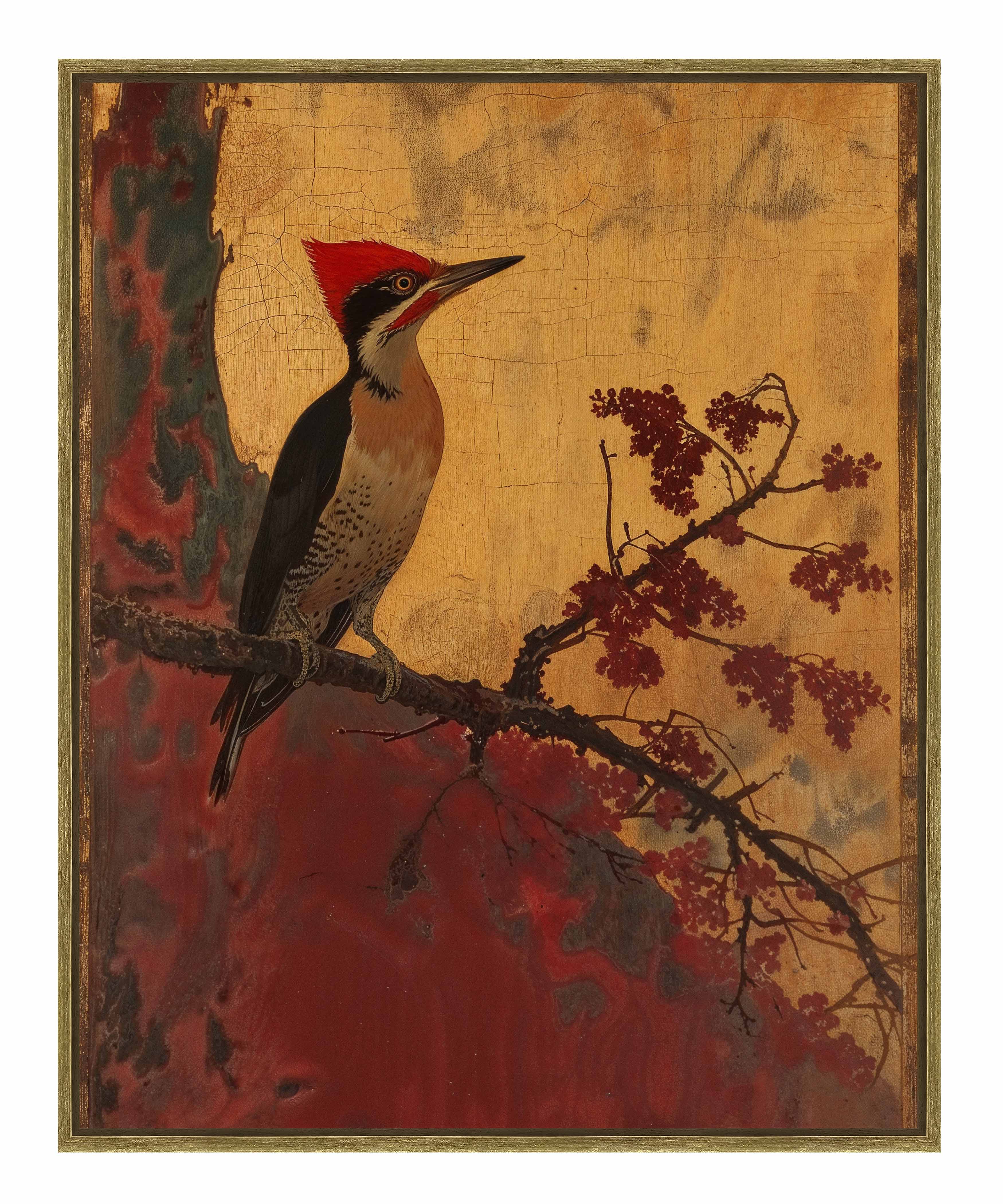 Echoes of Silk Woodpecker in Autumn Splendor - Handmade Gallery Wrapped Canvas Wall Art for Living Room, Bedroom & Office Decor