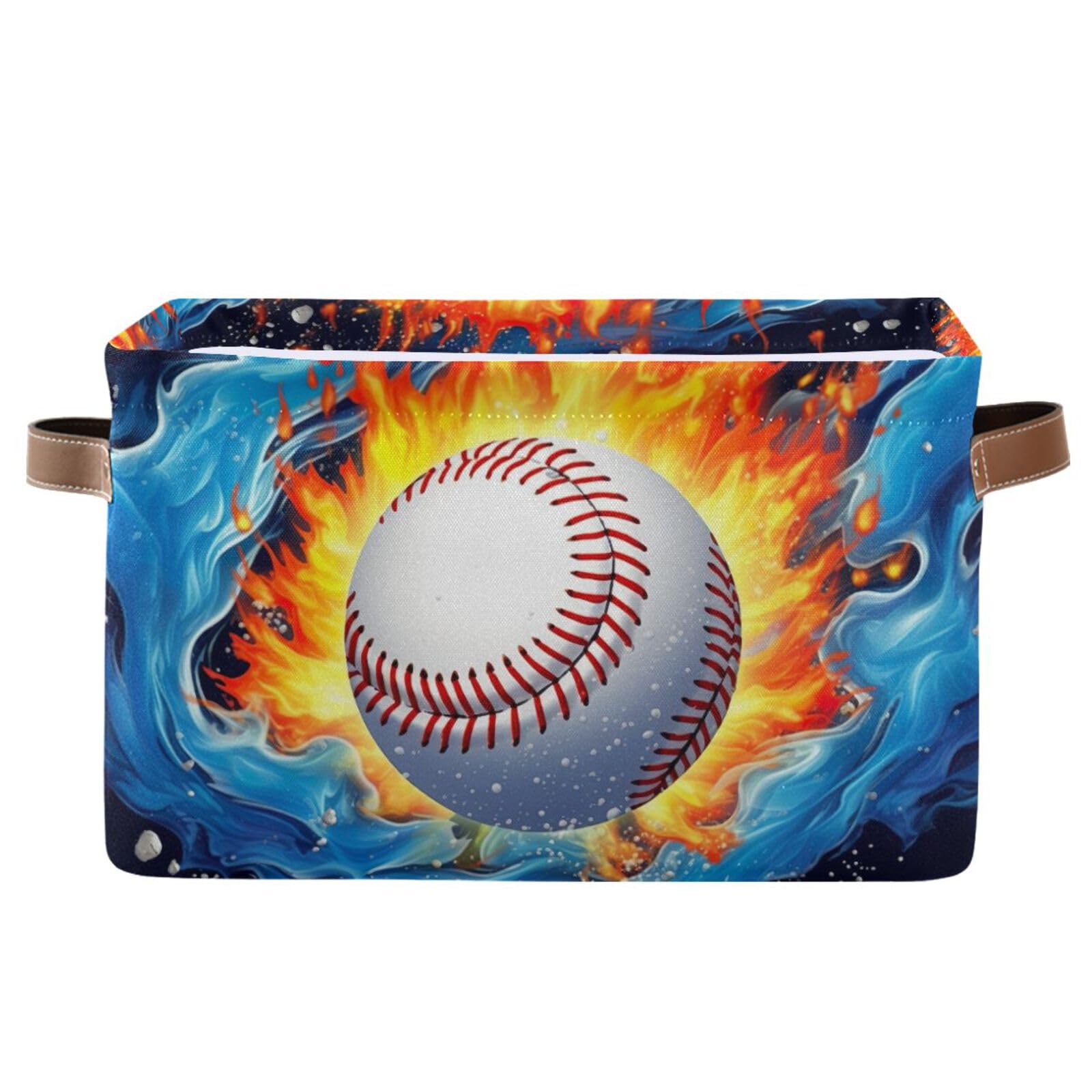 Baseball Pattern Foldable Storage Baskets - 2 Pack Rectangle Fabric Organizer Box with Handles for Clothes, Toys & Home Organization | Perfect for Bedroom Closet, Office Shelves & Kids Room Storage