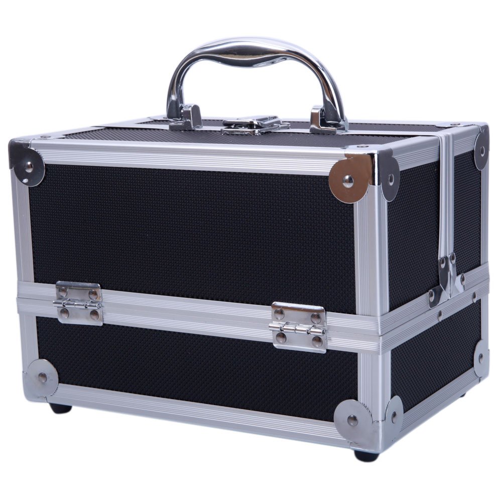 Professional Aluminum Makeup Train Case - Portable Cosmetic Organizer with 2 Trays & Mirror for Makeup Brushes, Jewelry, Toiletries & Digital Accessories (Black) | Perfect for Travel, Salon Professionals & Home Storage