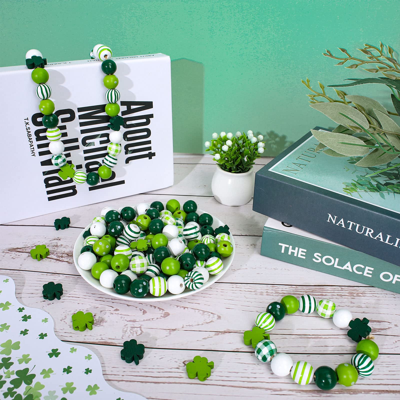 Whaline 220Pcs St. Patrick's Day Wood Beads - Green Shamrock, Round Shape, Plaids & Stripes Prints, Irish Style Assorted Craft Beads with Hemp Rope for DIY Necklace, Bracelet, Keychain & Bead Garland Making Supplies