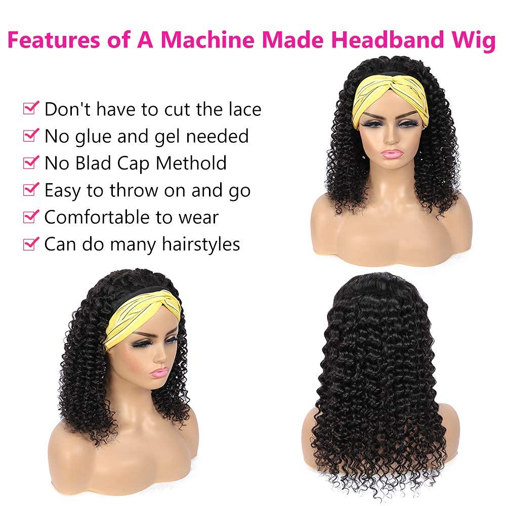 10 Inch Curly Headband Wig - 150% Density Glueless Human Hair Wig with Attached Headband | Brazilian Virgin Hair | No Lace Front | Perfect for Daily Wear, Parties & Cosplay