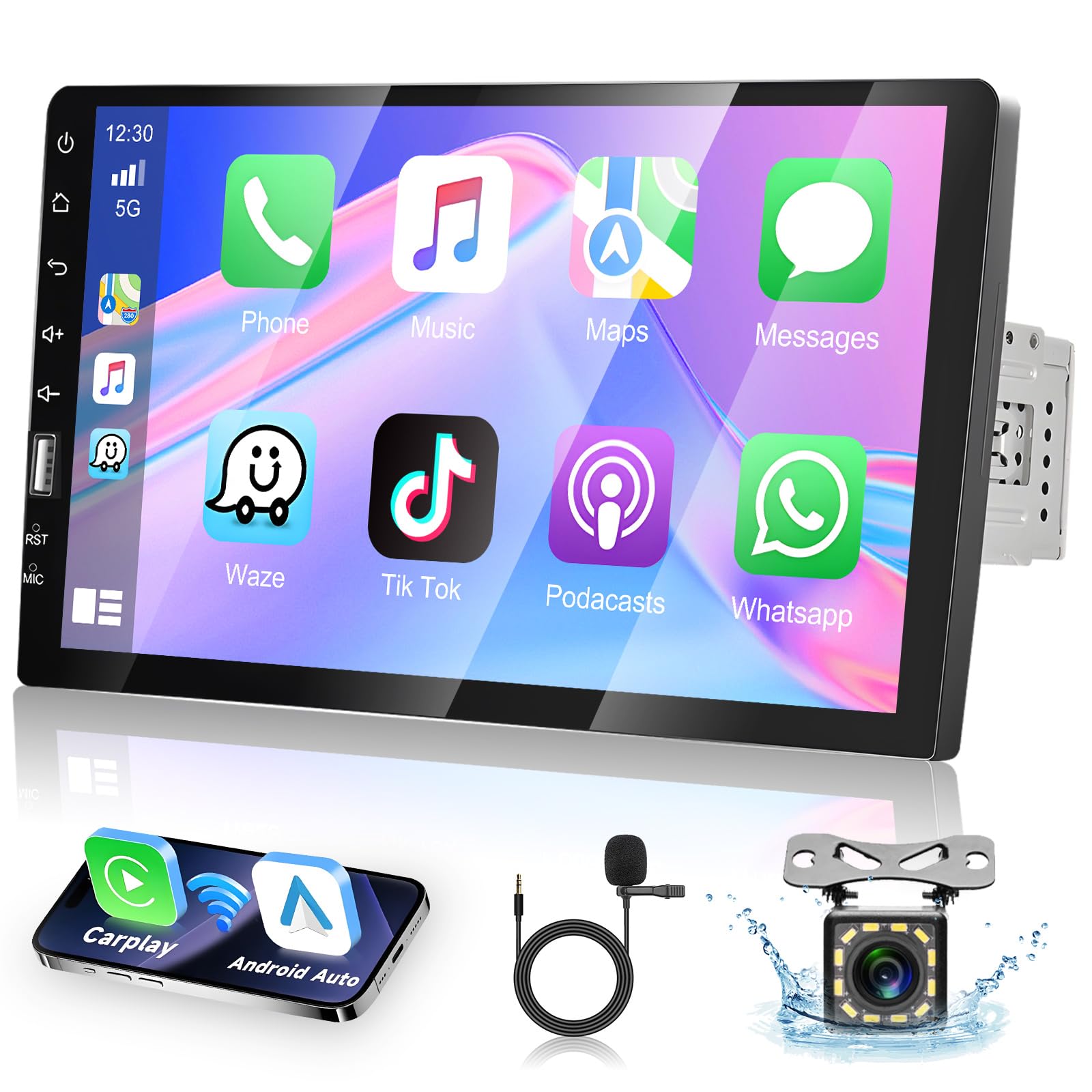 Upgraded 9 Inch Single Din Car Stereo Touchscreen Radio with Apple CarPlay, Bluetooth, Android Auto, MirrorLink - FM/USB/SD/AUX/Subwoofer Ports, Fast Charging, Backup Camera - Perfect for Hands-Free Calling, Music Streaming & Safe Driving in Your Vehicle