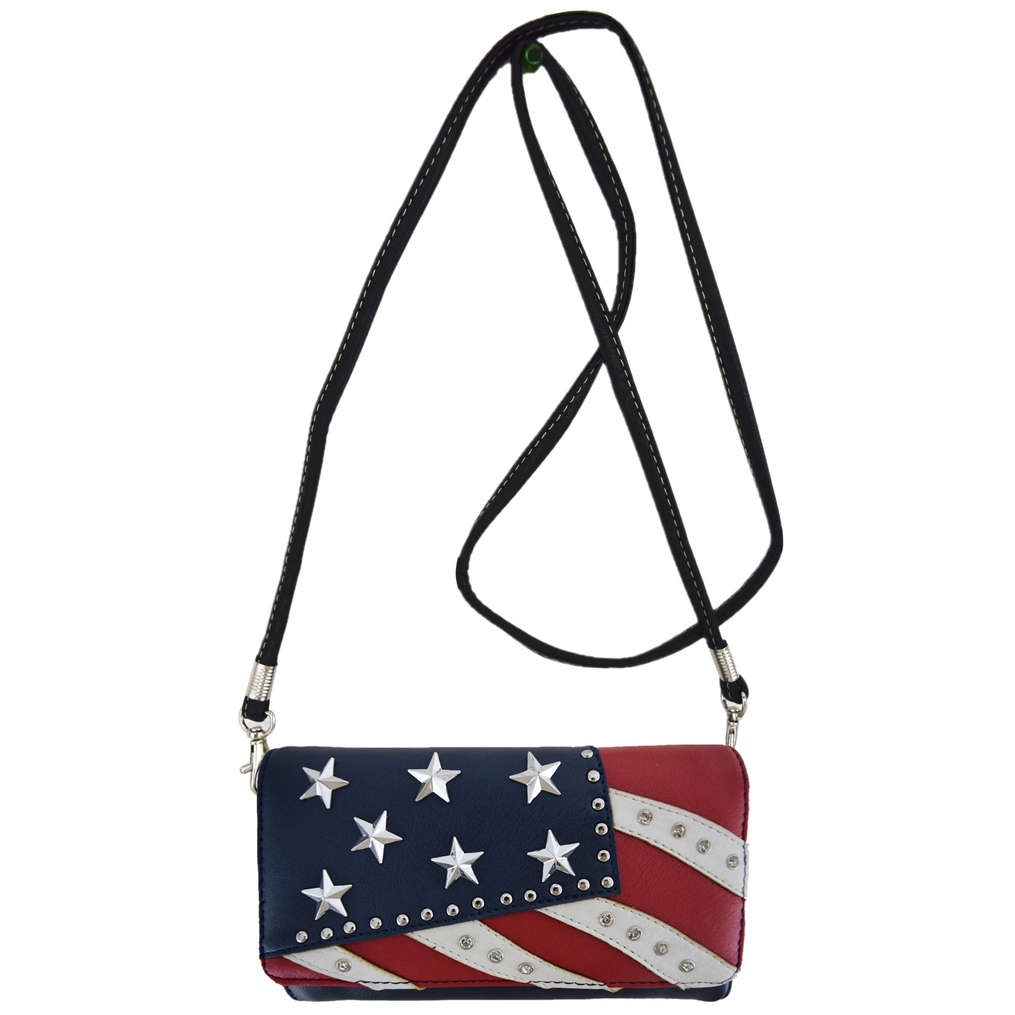 Western Cowgirl American Flag Rhinestone Leather Handbag & Wallet Set - Stars & Stripes Design, Red White Blue Large Women's Country Purse for Rodeo, Concerts, and Patriotic Events
