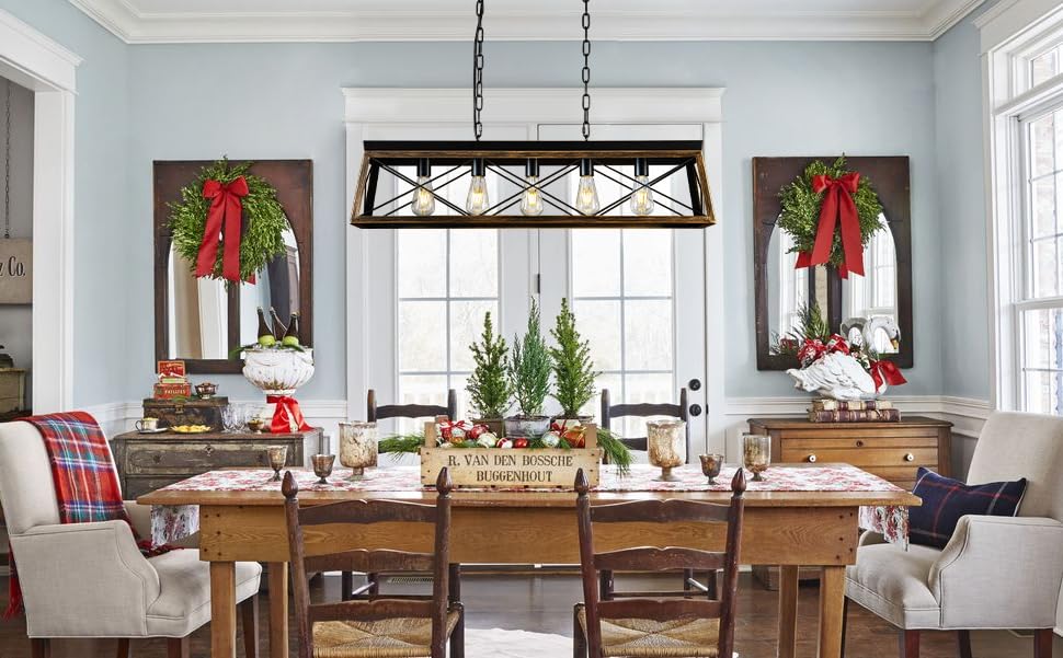 Modern Farmhouse 5-Light Rectangular Chandelier - Rustic Solid Wood Dining Room Pendant Light - Matte Black Industrial Geometric Kitchen Island Lighting - Perfect for Farmhouse, Dining Table, and Kitchen Decor
