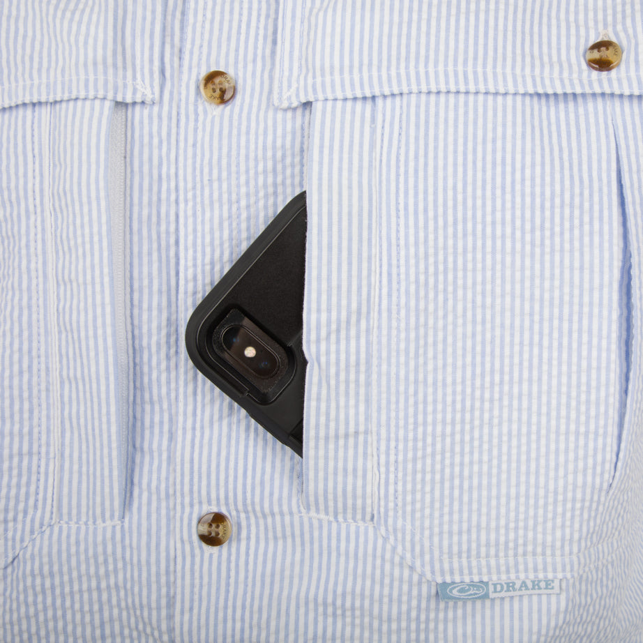 Seersucker Wingshooter's Shirt Short Sleeve - Lightweight & Breathable Blue Casual Shirt for Men | Perfect for Summer Outdoor Activities, Hunting & Country Club Wear