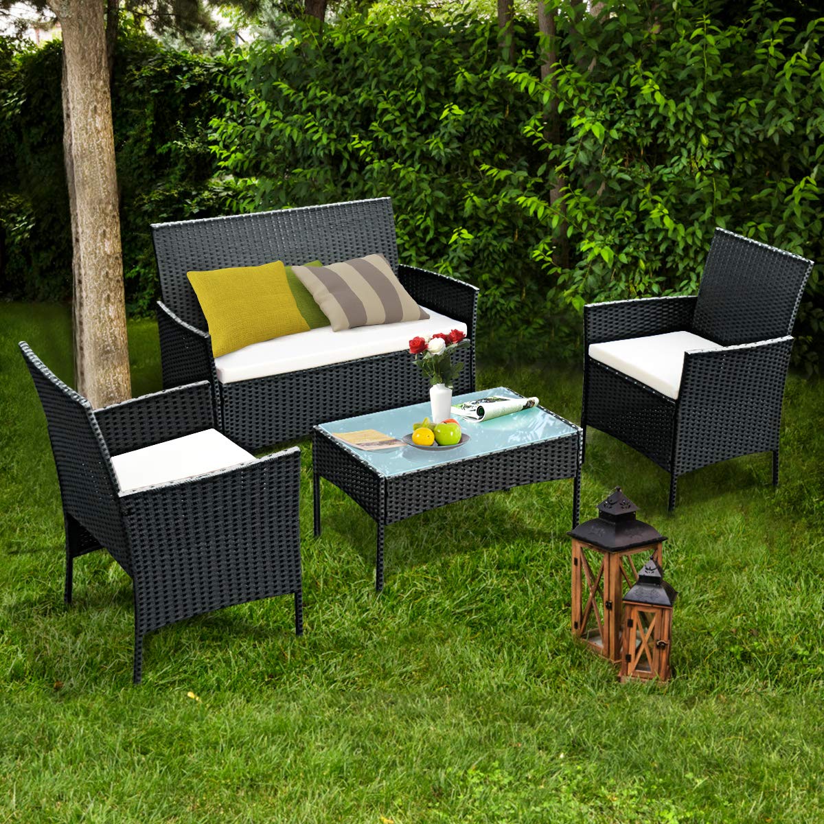 Casart 4-Piece Rattan Patio Furniture Set with Glass Top Coffee Table & Removable Cushions - Outdoor Wicker Sofa Set for Garden, Lawn, Poolside & Backyard Relaxation