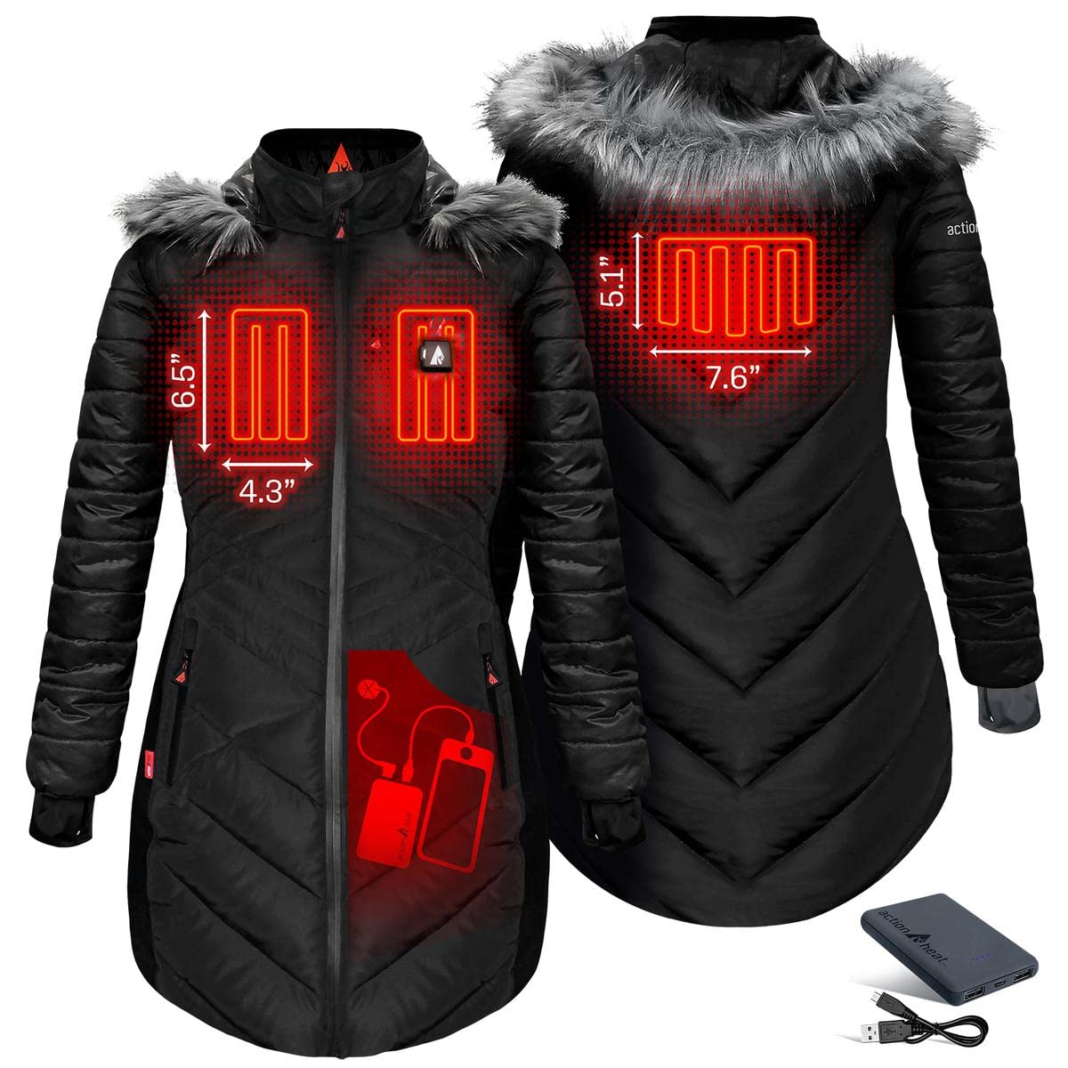 ActionHeat Women's Long Puffer Heated Jacket - Stylish Winter Heated Coat with Hood for Outdoor Activities, Skiing & Cold Weather