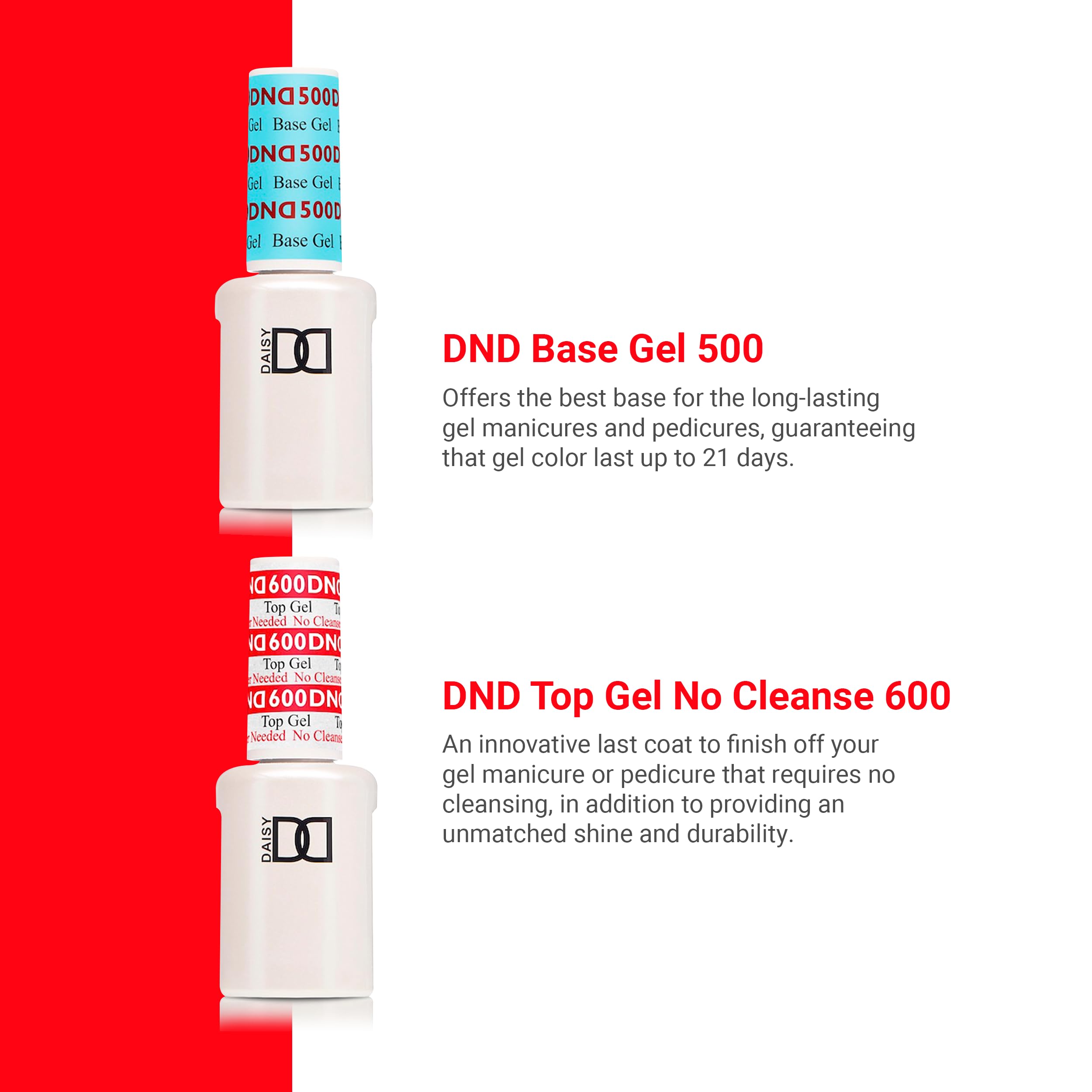 DND UV/LED Gel Base & No Cleanse Top Coat Polish Set - Professional Duo for Long-Lasting Manicures - 0.5 Fl Oz Each - Perfect for Salon & Home Nail Care