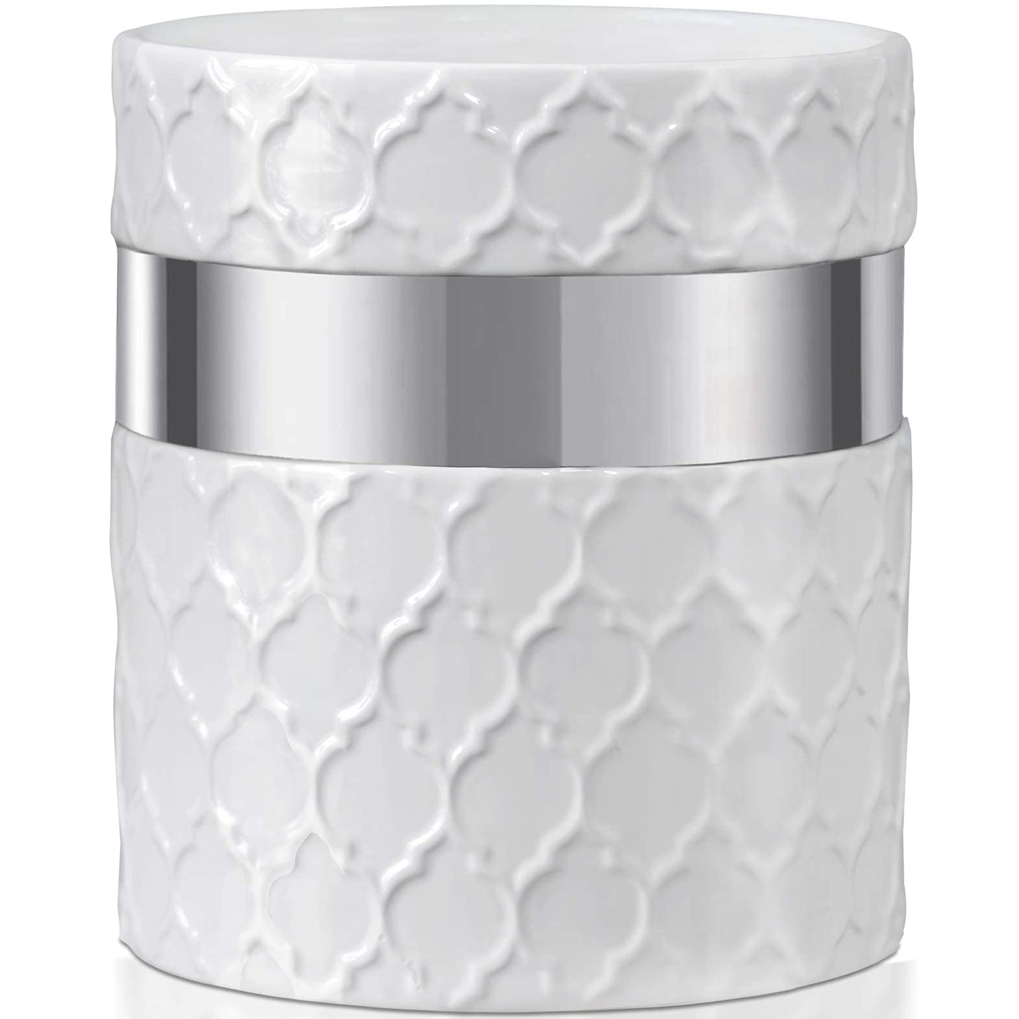 Home Acre Designs Large Ceramic Farmhouse Kitchen Utensil Holder - White & Silver Countertop Crock Organizer | Perfect for Farmhouse, Rustic & Modern Kitchens