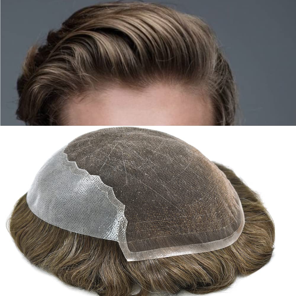 100% European Real Human Hair Men's Toupee - Swiss Lace Front Hair System for Men | Bleached Knots | 8x10 Size | Dark Ash Blonde with 10% Gray | 100% Density | Perfect for Daily Wear, Special Occasions & Hair Replacement Solutions
