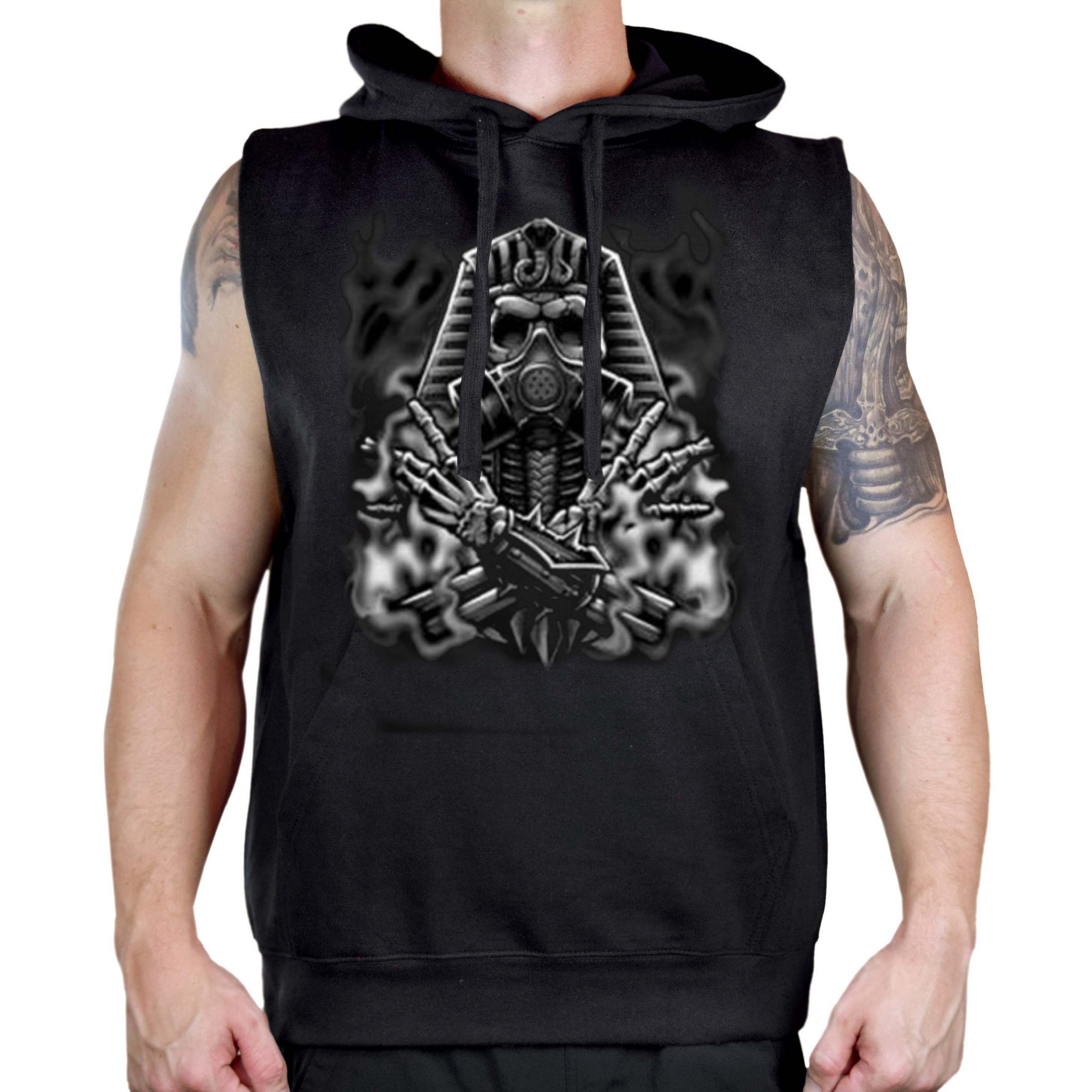 Interstate Apparel Men's Egyptian Gas Mask Skull Print Sleeveless Fleece Vest Hoodie - Gym Workout, Streetwear Fashion, Halloween Costume