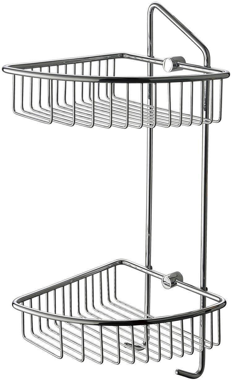 Wall Mounted Double Tier Corner Bathroom Basket - Rustproof Metal Bathroom Organizer with Hooks for Shower, Toiletries & Towels - Space Saving Storage Solution for Small Bathrooms, Vanities & Apartment Living