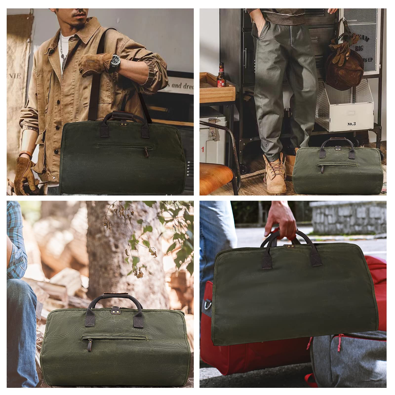 2 in 1 Canvas Leather Suit Luggage Garment Bag with Adjustable Shoulder Strap - Waxed Army Green Waterproof Travel Garment Bag for Business Trips, Weddings & Airplane Carry-On