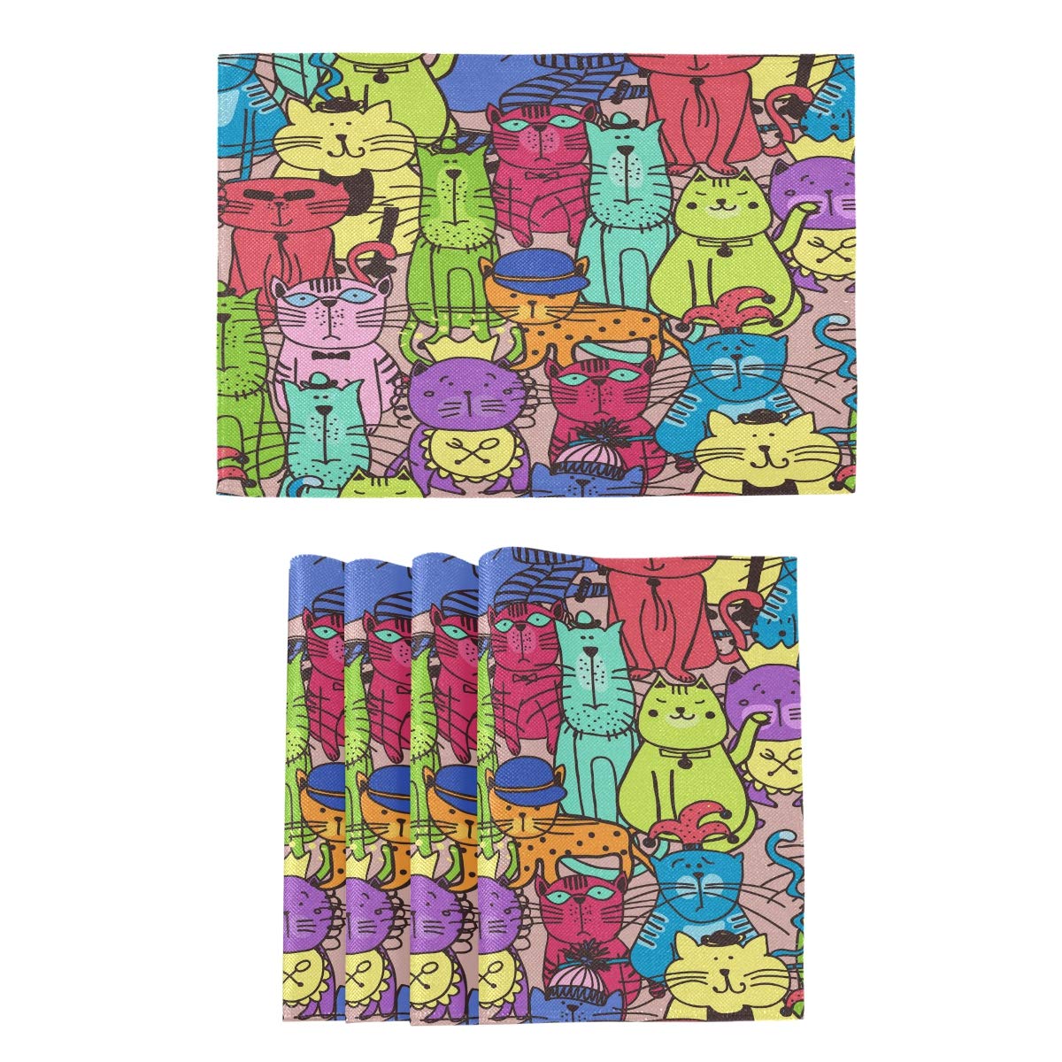 Doodle Cat Pattern Animal Pet Kitten Art Placemats Set of 4 - Heat-Resistant & Washable Table Mats for Kitchen & Dining Table Decor - Perfect for Family Meals, Pet Lovers' Gatherings, and Cute Home Decoration