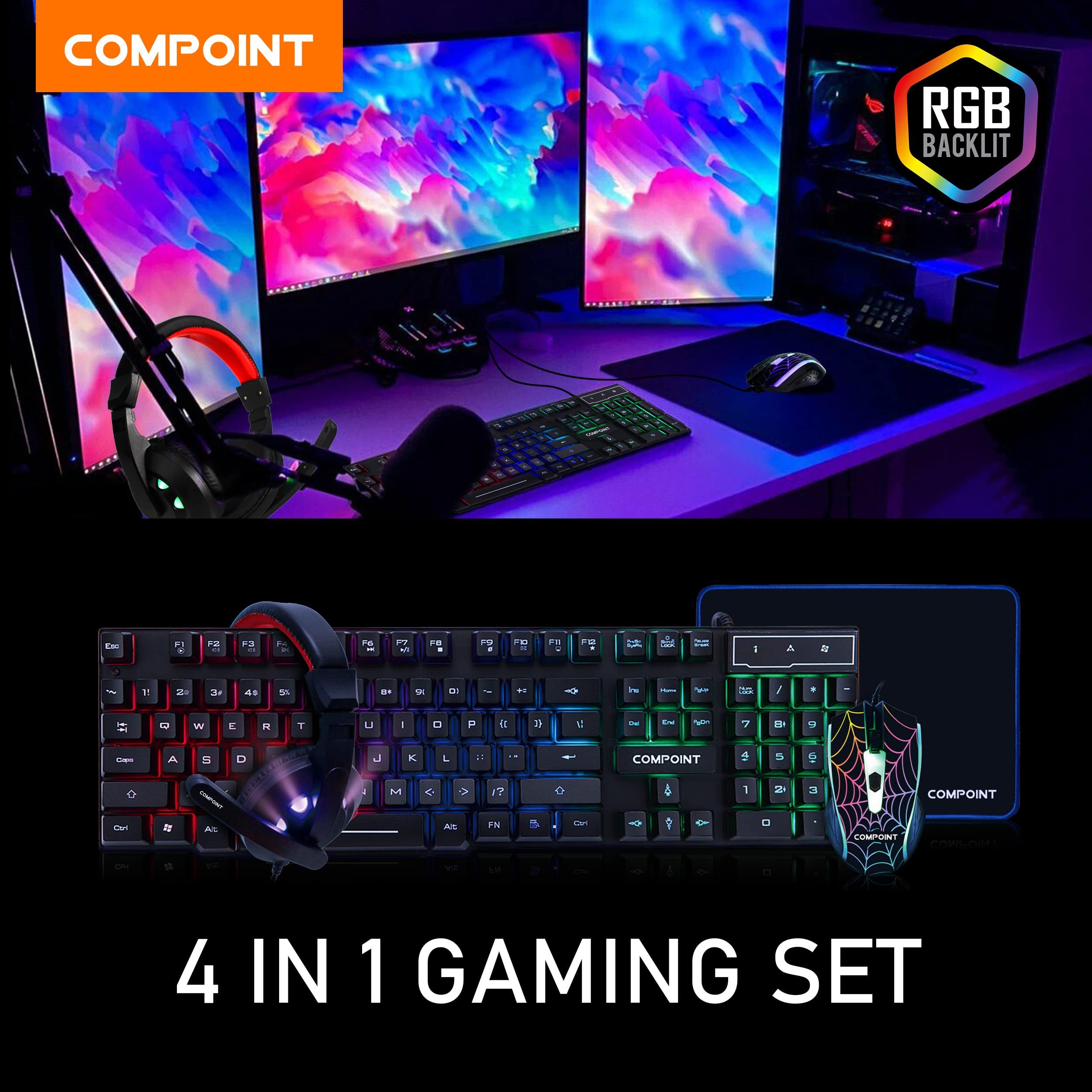 Compoint 4-in-1 Gaming Bundle with Q-LED Backlit Keyboard, Noise-Canceling Headset & Large Mouse Pad - Compatible with Xbox, PS5, PC | RGB Lighting, Ergonomic Design for Pro Gamers | Perfect for Esports, Streaming & Home Gaming Setup