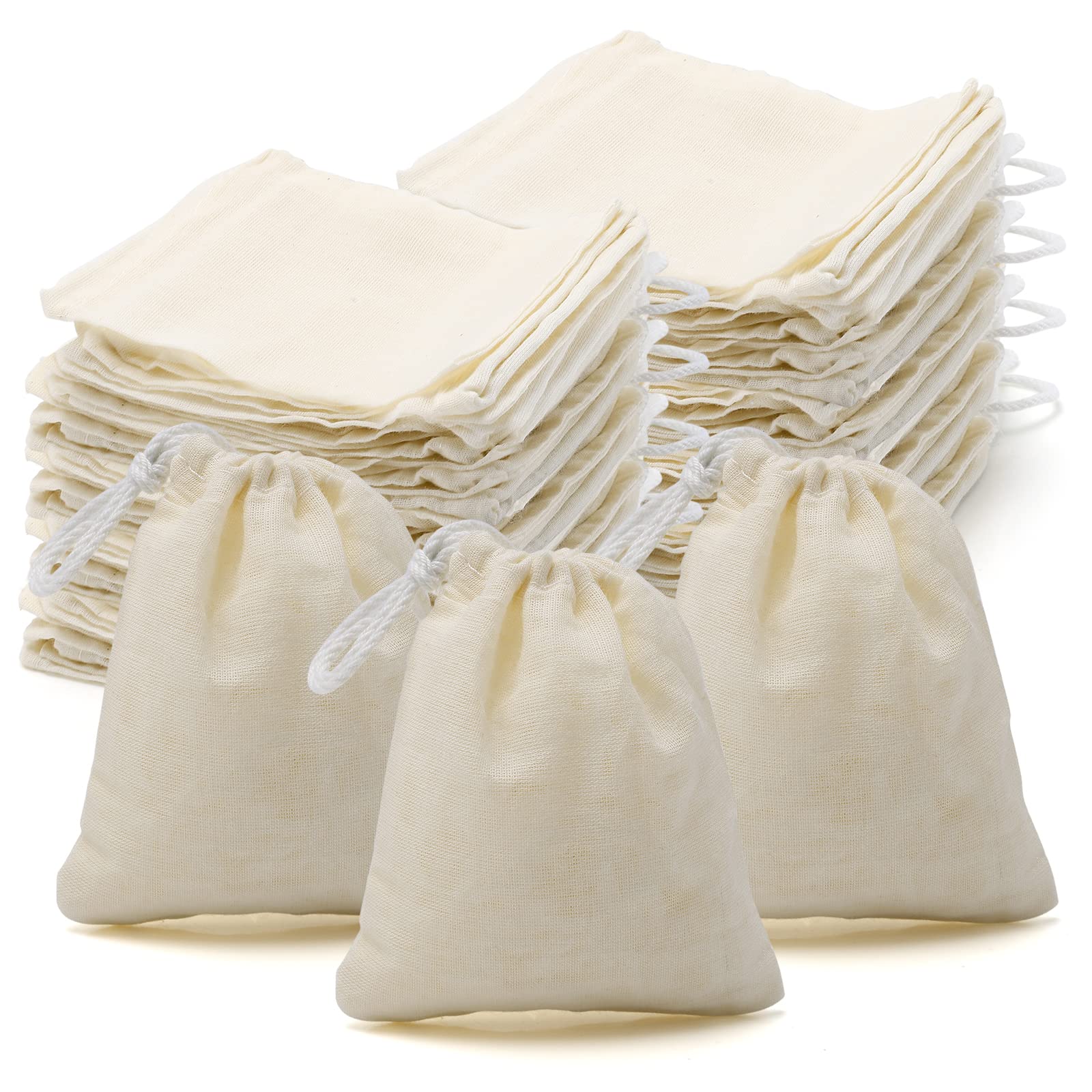 **Hopttreely 50PCS Natural Unbleached Muslin Drawstring Bags (3x4 Inch) - Organic Cotton Spice Bags for Tea, Coffee, Herbs, Soup & Broth - Reusable Cheesecloth Filter Bags for Cooking, Brewing & DIY Crafts**