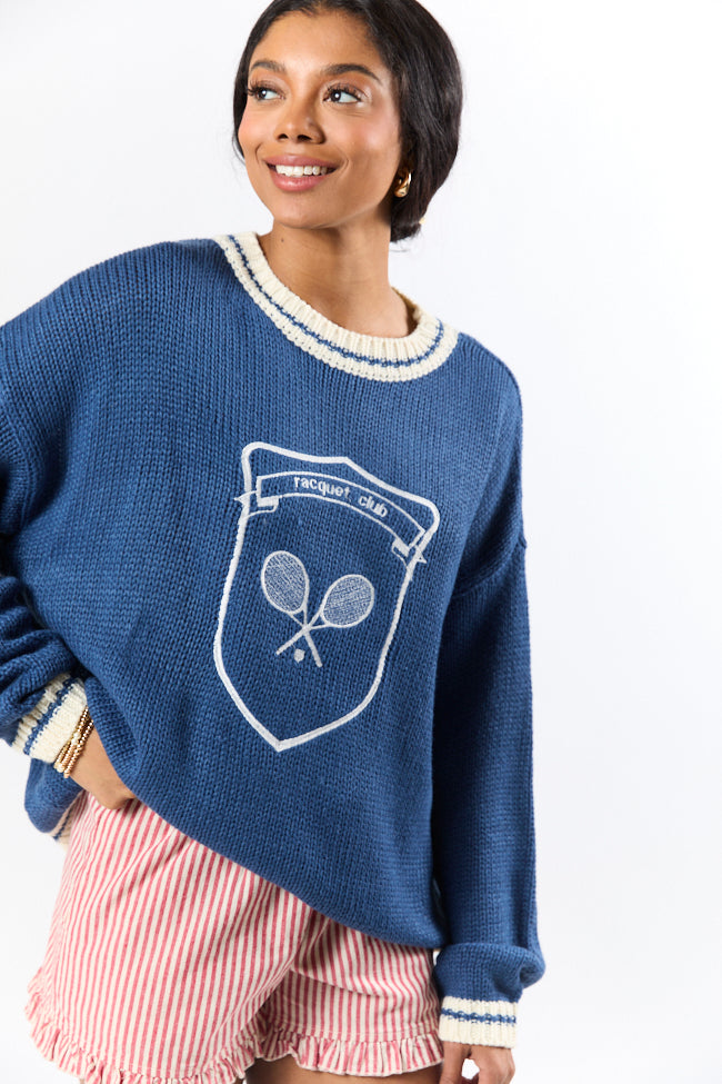 Racquet Club Navy Blue Crew Neck Sweater for Men - Classic Preppy Style Pullover for Tennis, Golf & Casual Wear