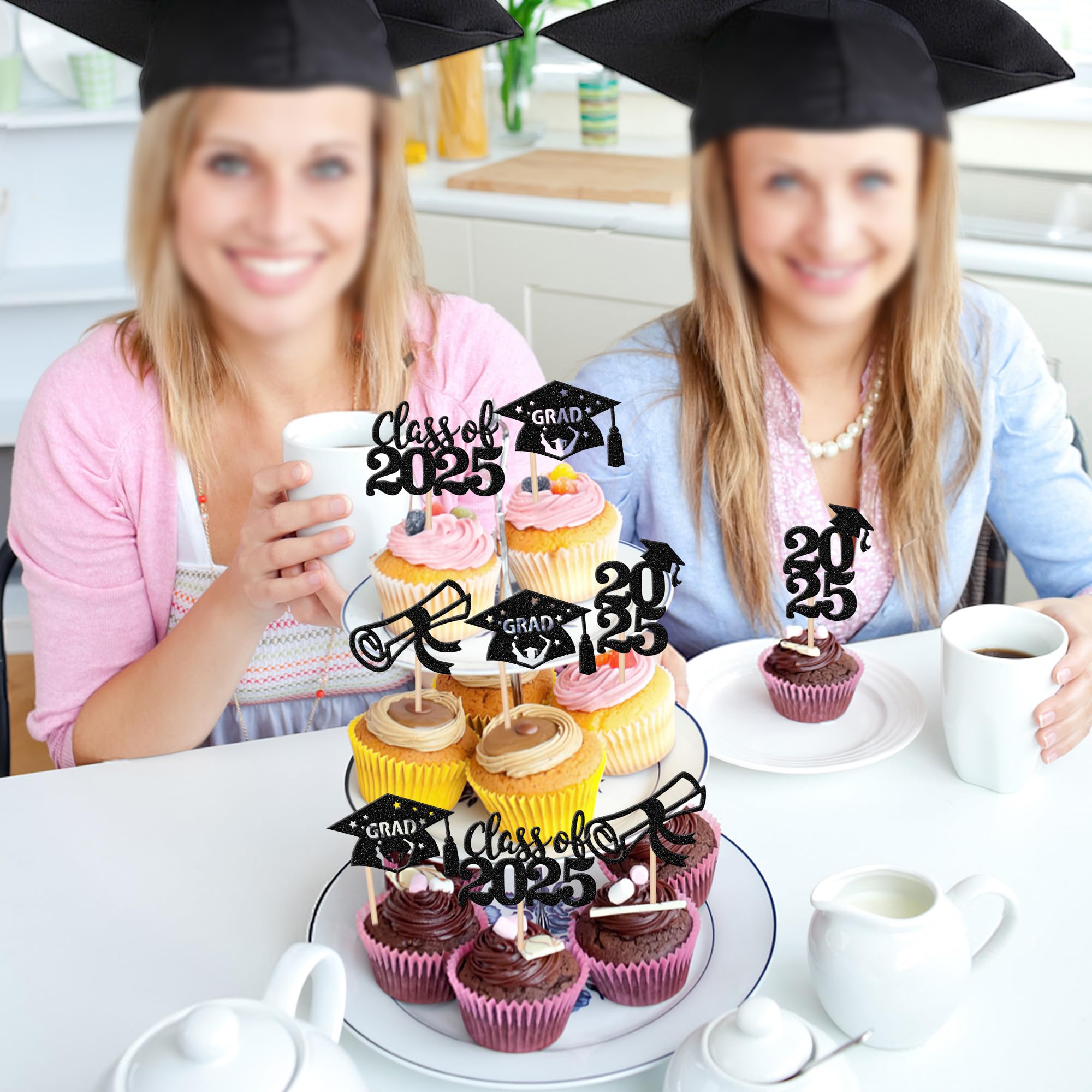 24 PCS 2025 Graduation Cupcake Toppers - Glitter Class of 2025 Diploma & Grad Cap Cupcake Picks - Perfect for Graduation Party Cake Decorations & Supplies (Black) - Ideal for Graduation Celebrations, School Parties & Dessert Table Decor