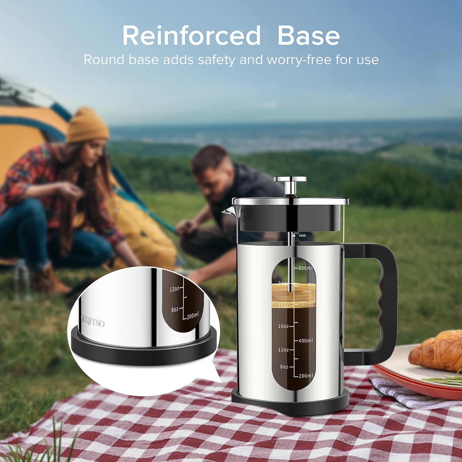 Premium 34oz French Press Coffee Maker - 304 Stainless Steel Cold Brew & Iced Coffee Maker with 4-Layer Filter, Heat-Resistant Borosilicate Glass - BPA Free, Rust-Free & Easy to Clean - Perfect for Home, Office & Camping Use