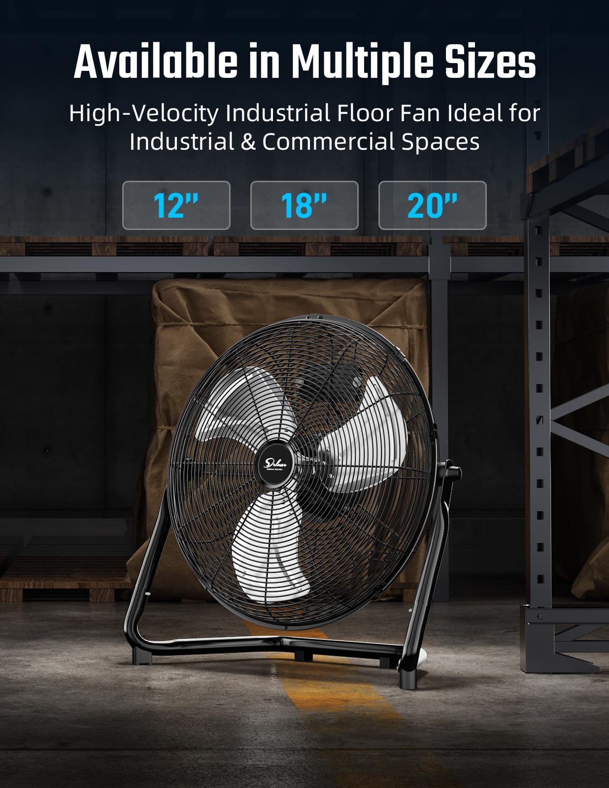 Simple Deluxe 12 Inch 3-Speed High Velocity Heavy Duty Metal Industrial Floor Fan - Black | Powerful Cooling for Warehouses, Garages & Workshops